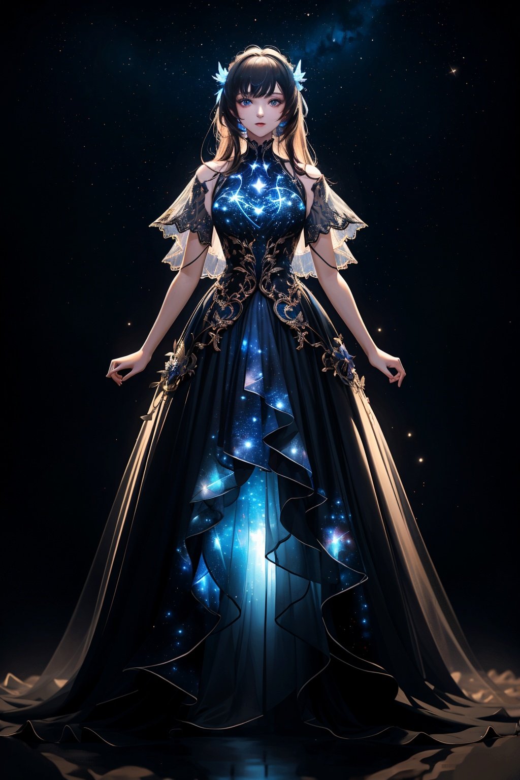 ((masterpiece)), ((best quality)), 8k, high detailed,1girl, 20-year-old,(wearing Bright night sky dress), (in the forest), Bright night sky dress, dress, light particles, full body, black background, glowing, contouring light