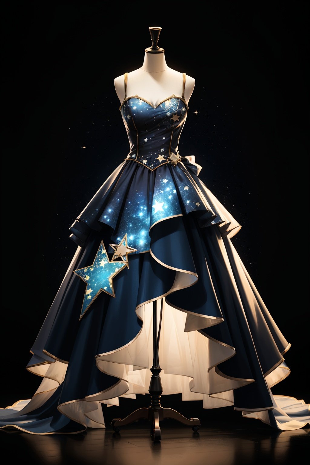 ((masterpiece)), ((best quality)), 8k, high detailed,1girl, 20-year-old,black background, simple background, Colorful star dress, dress, standing, starry sky print, glowing, contouring light