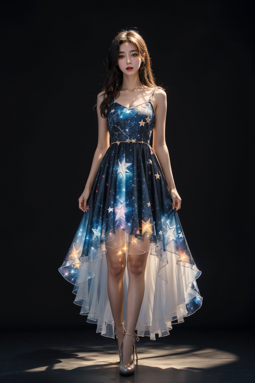 ((masterpiece)), ((best quality)), 8k, high detailed,1girl, 20-year-old,black background, simple background, Colorful star dress, dress, standing, starry sky print, glowing, contouring light