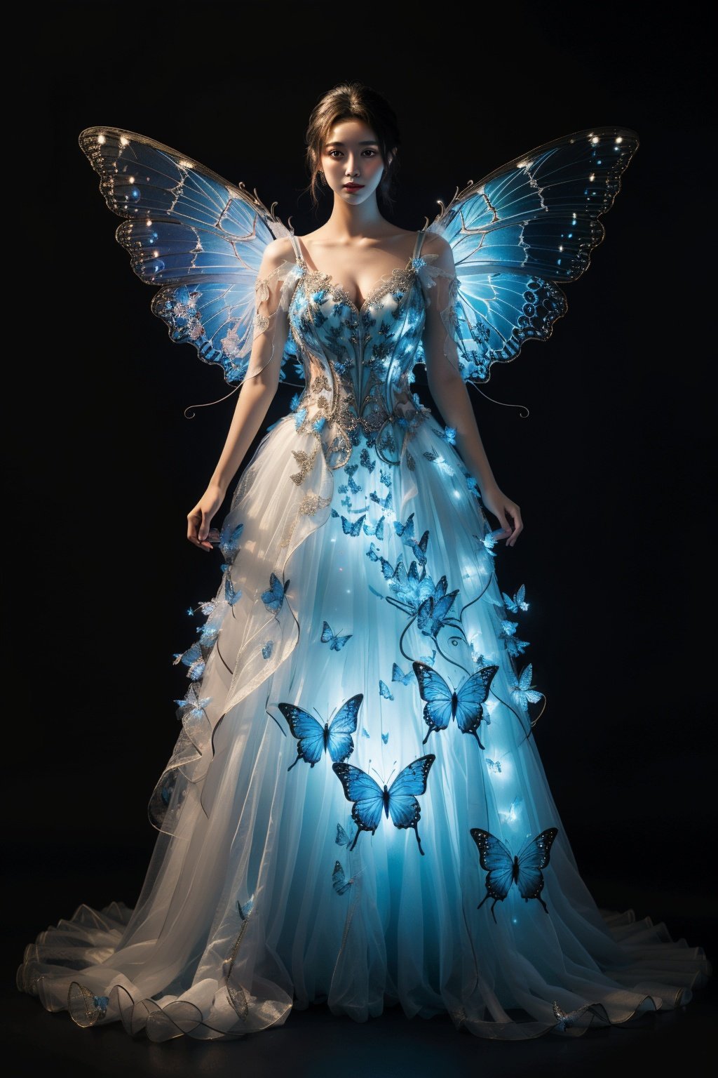 ((masterpiece)), ((best quality)), 8k, high detailed,1girl, 20-year-old,wings, dress, black background, standing, glowing, butterfly wings, full body, light particles, contouring light, fairy dress