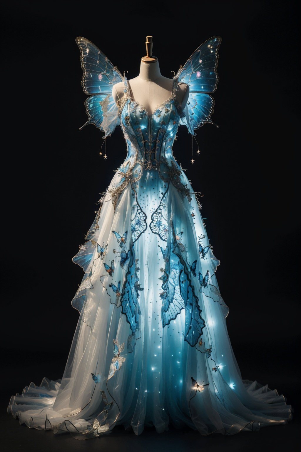 ((masterpiece)), ((best quality)), 8k, high detailed,1girl, 20-year-old,wings, dress, black background, standing, glowing, butterfly wings, full body, light particles, contouring light, fairy dress