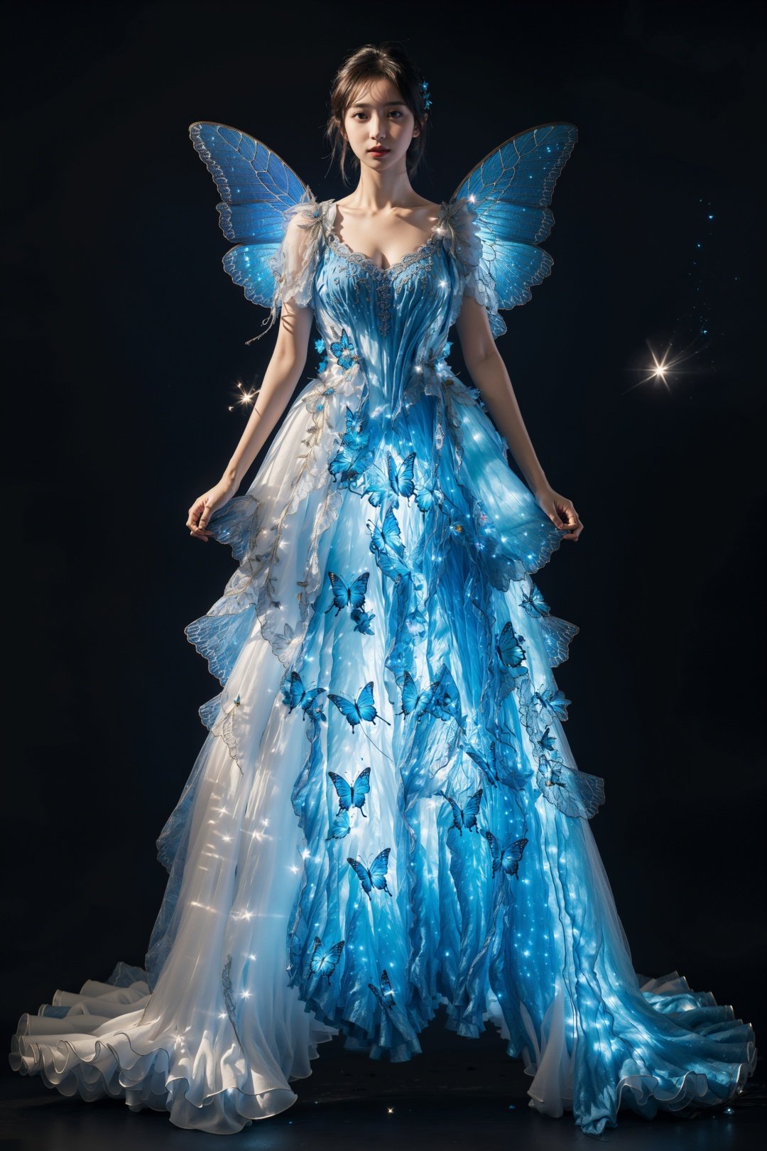 ((masterpiece)), ((best quality)), 8k, high detailed,1girl, 20-year-old,wings, dress, blue background, standing, glowing, butterfly wings, full body, light particles, contouring light, fairy dress