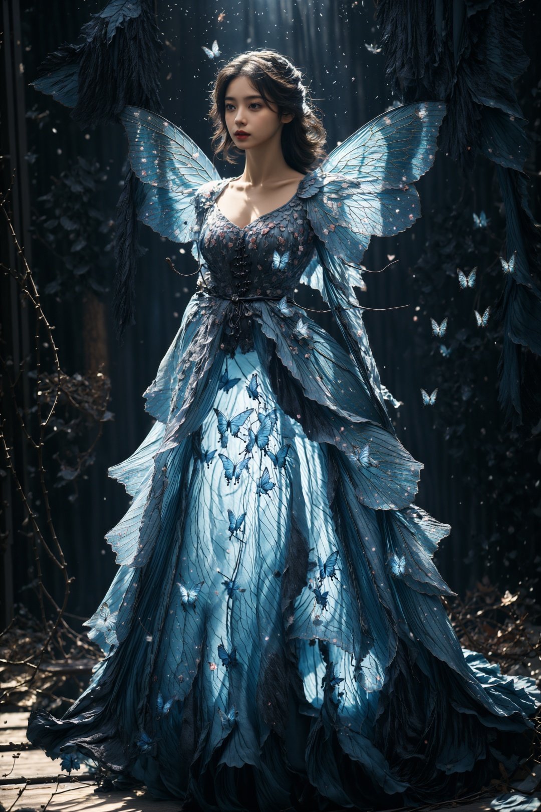 ((masterpiece)), ((best quality)), 8k, high detailed,1girl, 20-year-old,wings, dress, blue background, standing, glowing, butterfly wings, full body, light particles, contouring light, fairy dress,ZYM