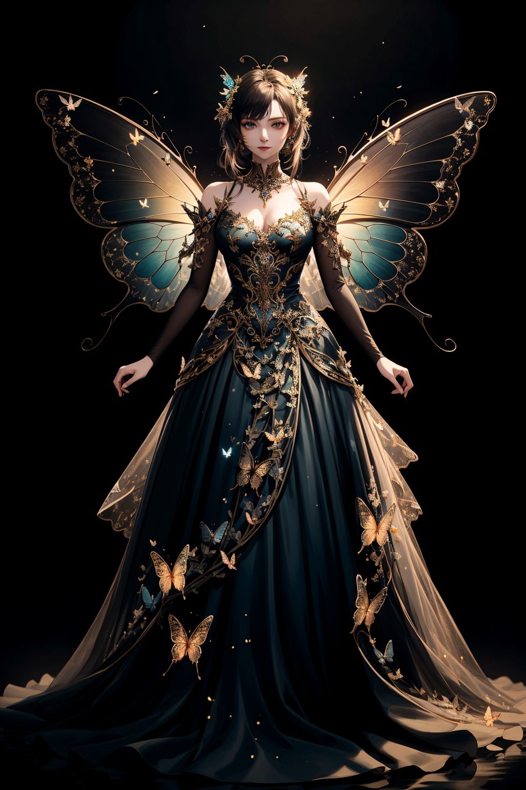 ((masterpiece)), ((best quality)), 8k, high detailed,1girl, 20-year-old,wings, dress, black background, standing, glowing, butterfly wings, full body, light particles, contouring light, fairy dress