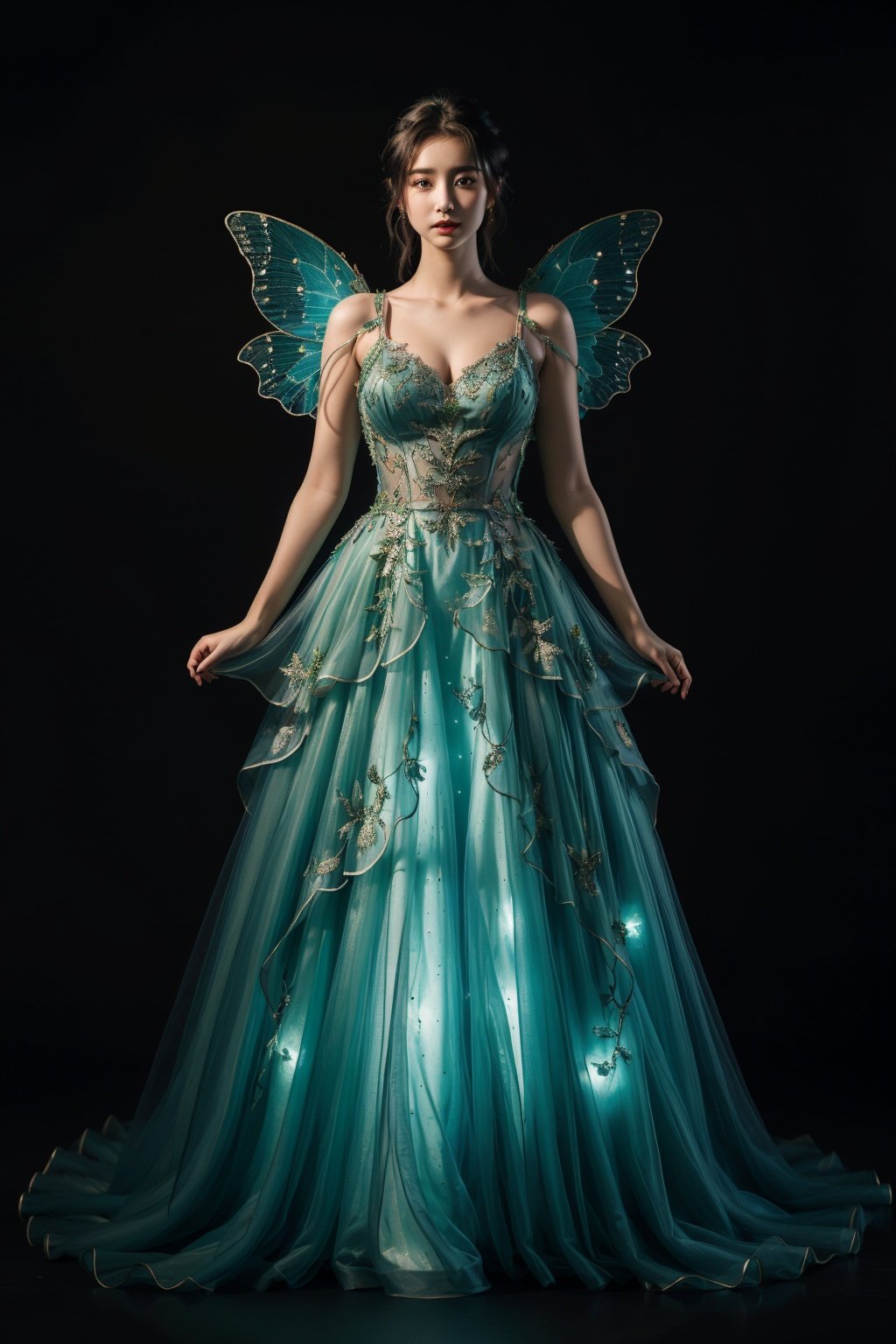 ((masterpiece)), ((best quality)), 8k, high detailed,1girl, 20-year-old,dress, black background, glowing, green dress, full body, breasts, contouring light, fairy dress