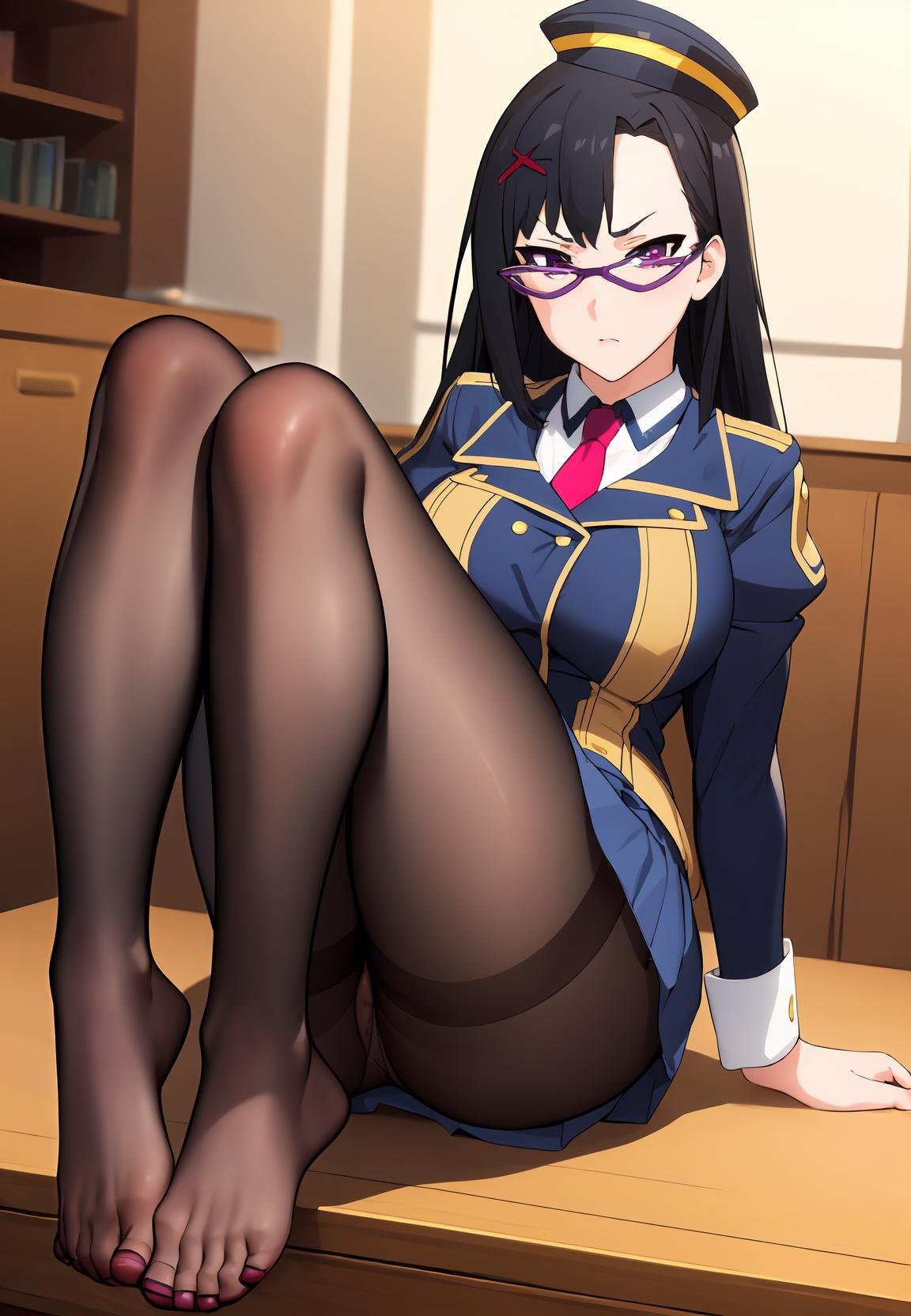 1girl, sitting,leg up, feet,toes,<lora:sena-konosuba:0.9> sena-konosuba, glasses, purple-framed eyewear,purple eyes, long hair,hat, necktie, blue jacket, blue skirt, uniform, pantyhose,huge breasts,panties under pantyhose, looking at viewer,