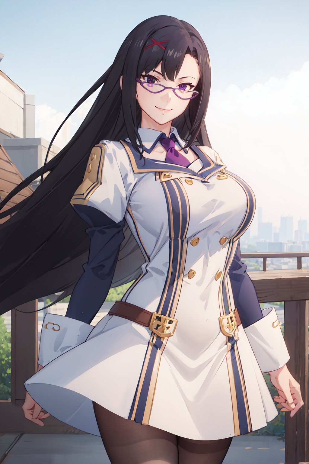 masterpiece,  best quality,  good eyes,  detailed eyes,  detailed background,  highres,  ultra detailed,  masterpiece,  best quality,  1girl,  sena-konosuba,  glasses,  purple eyes,  long hair,  pantyhose,  huge breasts,  looking at viewer,  smile,  white dress,  outdoors,  isekai city, <lora:EMS-42171-EMS:0.500000>, , <lora:EMS-56121-EMS:0.800000>