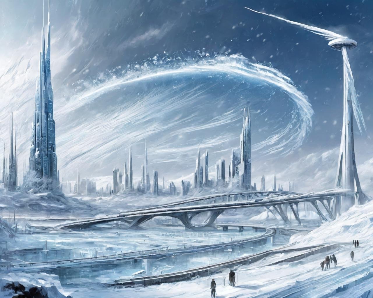 science and technology wind,science fiction,snow,ice,city,<lora:科幻-雪城黑红sdxl:0.5>,