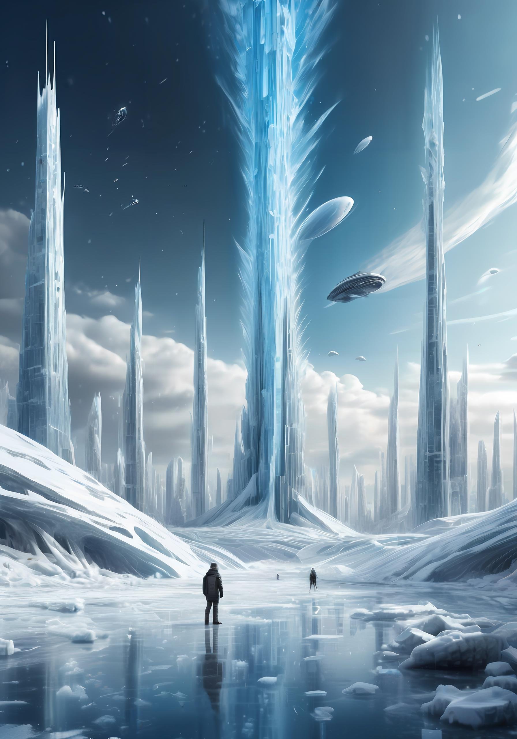 (Masterpiece, high quality, best quality, official art, beauty and aesthetics:1.2),(ultra-high precision detail),8k,<lora:科幻-雪城黑红sdxl:0.5>,ice,snow,future architecture in china,huge artificial urban structure stuck in ice,exquisite,metal crystal,photon force field,planet background,falling fighter,in winter,meteor shower,