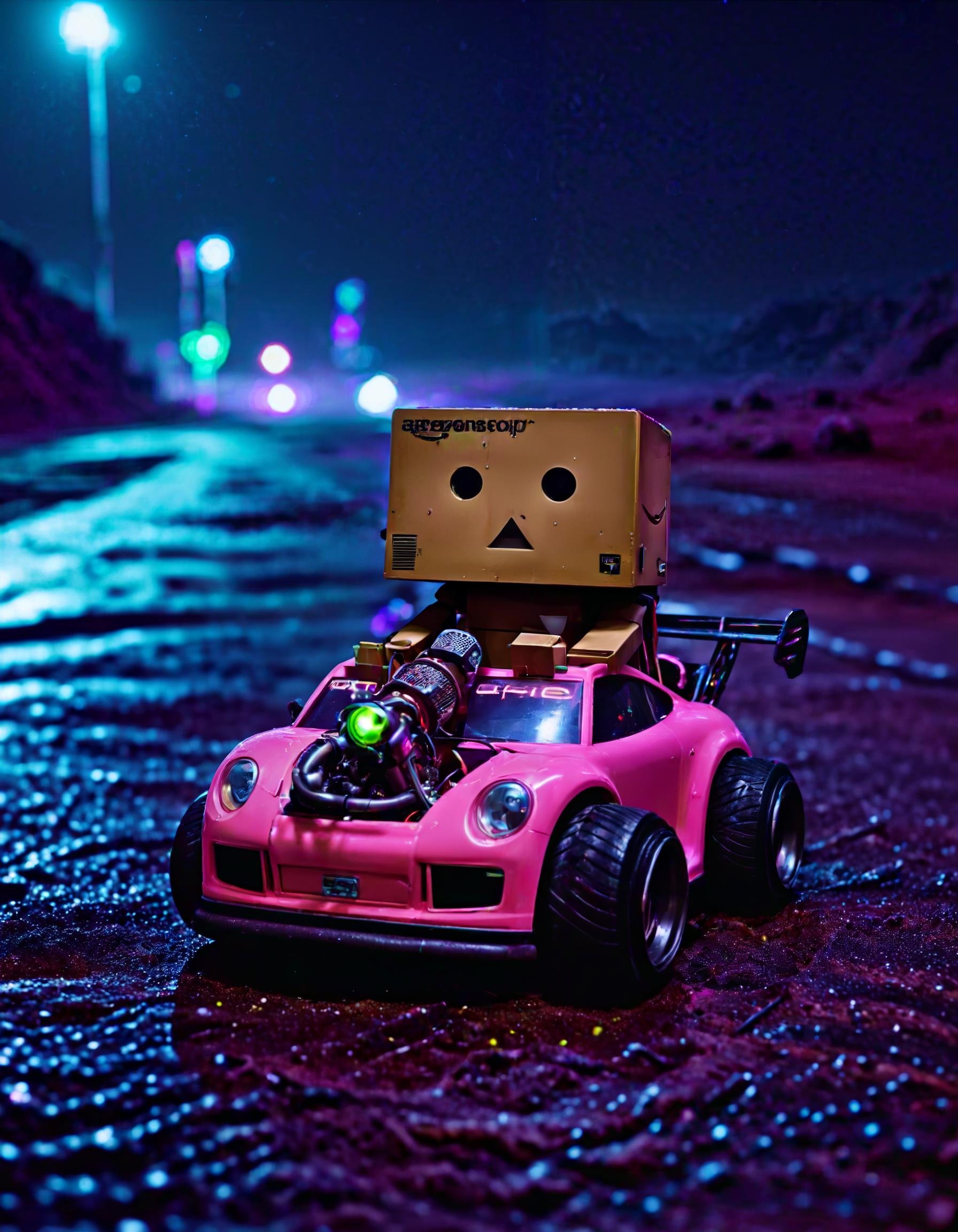 neon noir Danbo driving a pturbo, on an alien planet, planets in the background, milky way . cyberpunk, dark, rainy streets, neon signs, high contrast, low light, vibrant, highly detailed