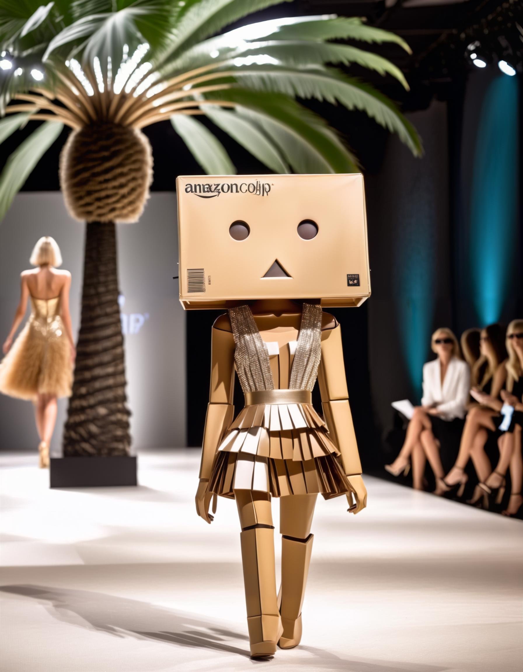 glamorous photo Danbo  at fashion show, palm trees . high fashion, luxurious, extravagant, stylish, sensual, opulent, elegance, stunning beauty, professional, high contrast, detailed