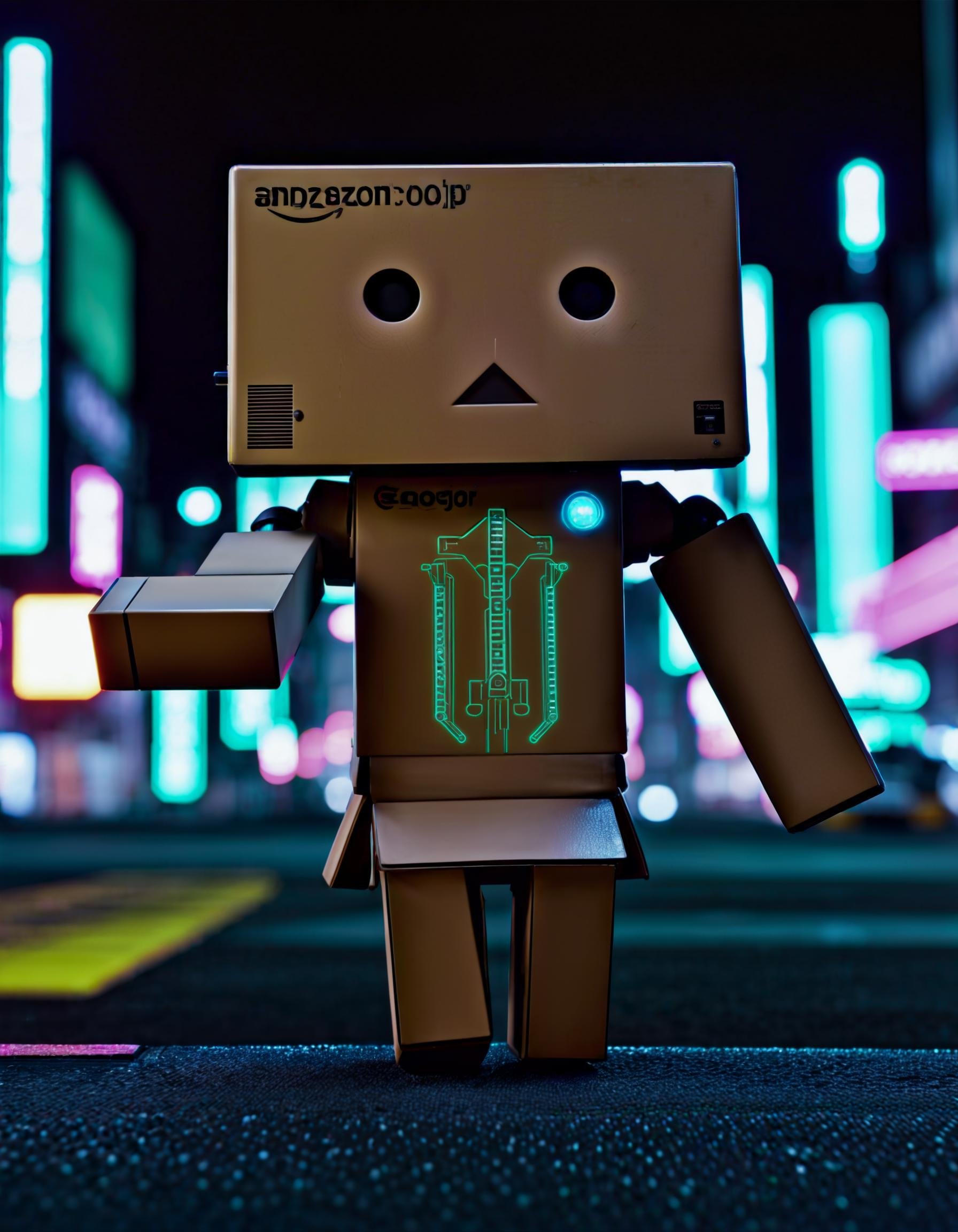 biomechanical cyberpunk Danbo as an (android:1.1) in cyberpunk 2077  at night city, neon lights, nighttime, weapons on his arms . cybernetics, human-machine fusion, dystopian, organic meets artificial, dark, intricate, highly detailed