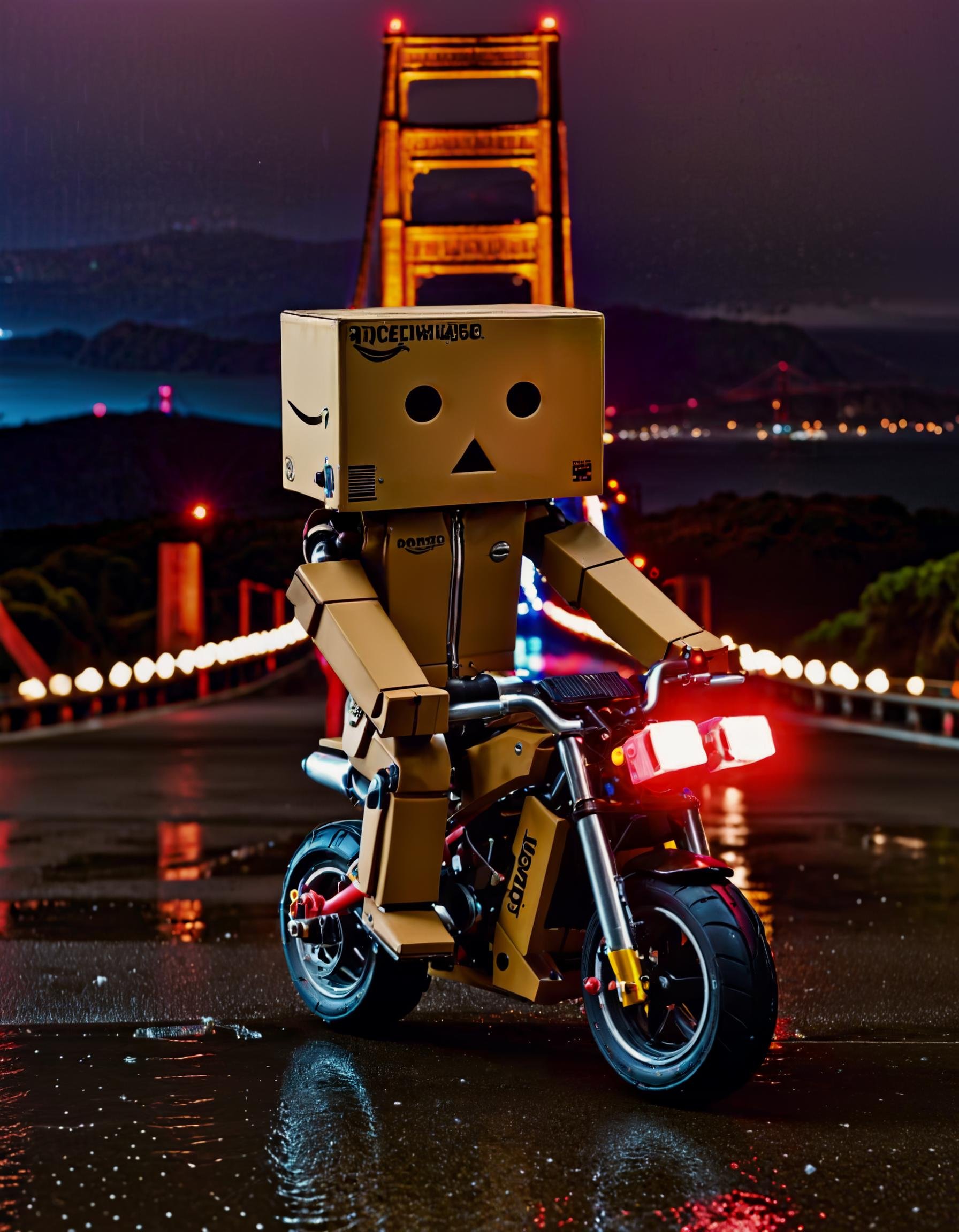 neon noir Danbo as the terminator t800 driving a pocketbike PS50, in san francisco, golden gate bridge, nighttime . cyberpunk, dark, rainy streets, neon signs, high contrast, low light, vibrant, highly detailed