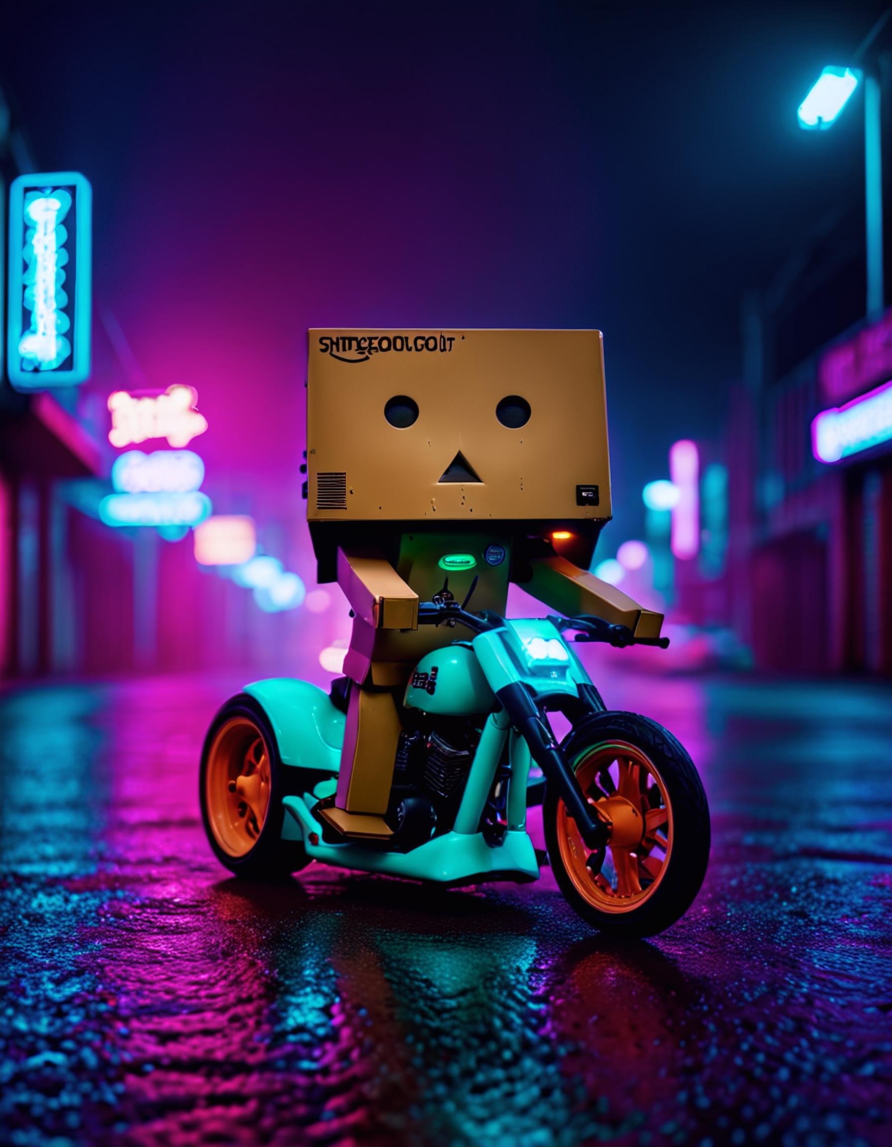 neon noir Danbo driving a walz, in a magical fantasy world, candy cotton clouds . cyberpunk, dark, rainy streets, neon signs, high contrast, low light, vibrant, highly detailed