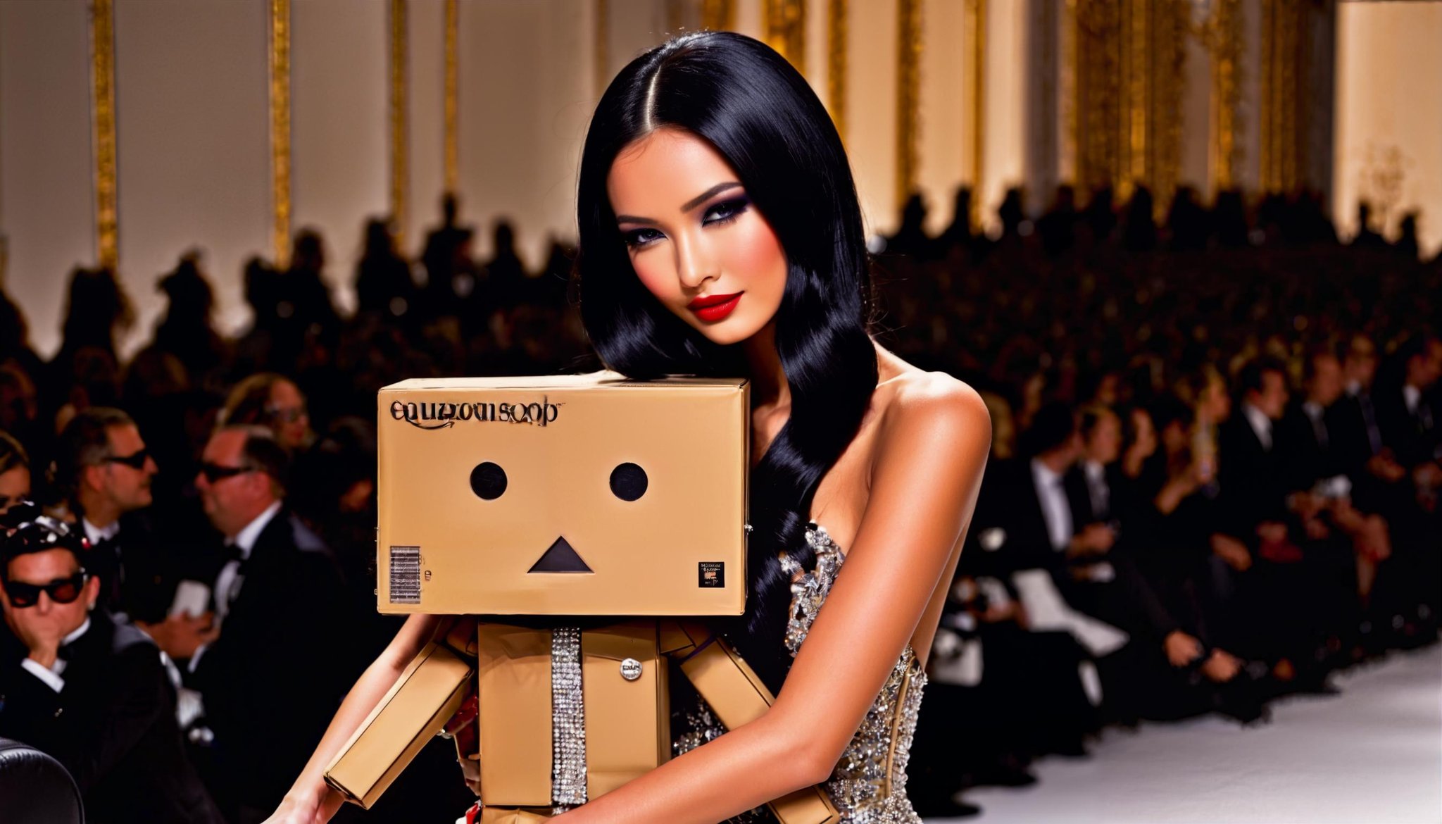 glamorous photo (1girl supermodel:1.1) black hair(haute coture:1.05) with  Danbo  hugging each other at fashion week paris . high fashion, luxurious, extravagant, stylish, sensual, opulent, elegance, stunning beauty, professional, high contrast, detailed