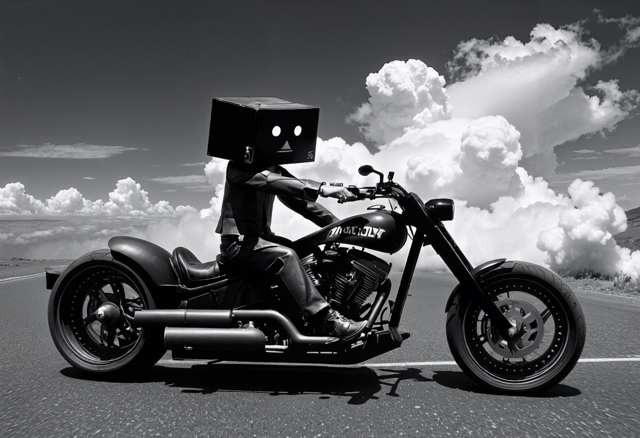 film noir style Danbo driving a( walz:1.1) motorbike, in a magical fantasy world, candy cotton clouds . monochrome, high contrast, dramatic shadows, 1940s style, mysterious, cinematic