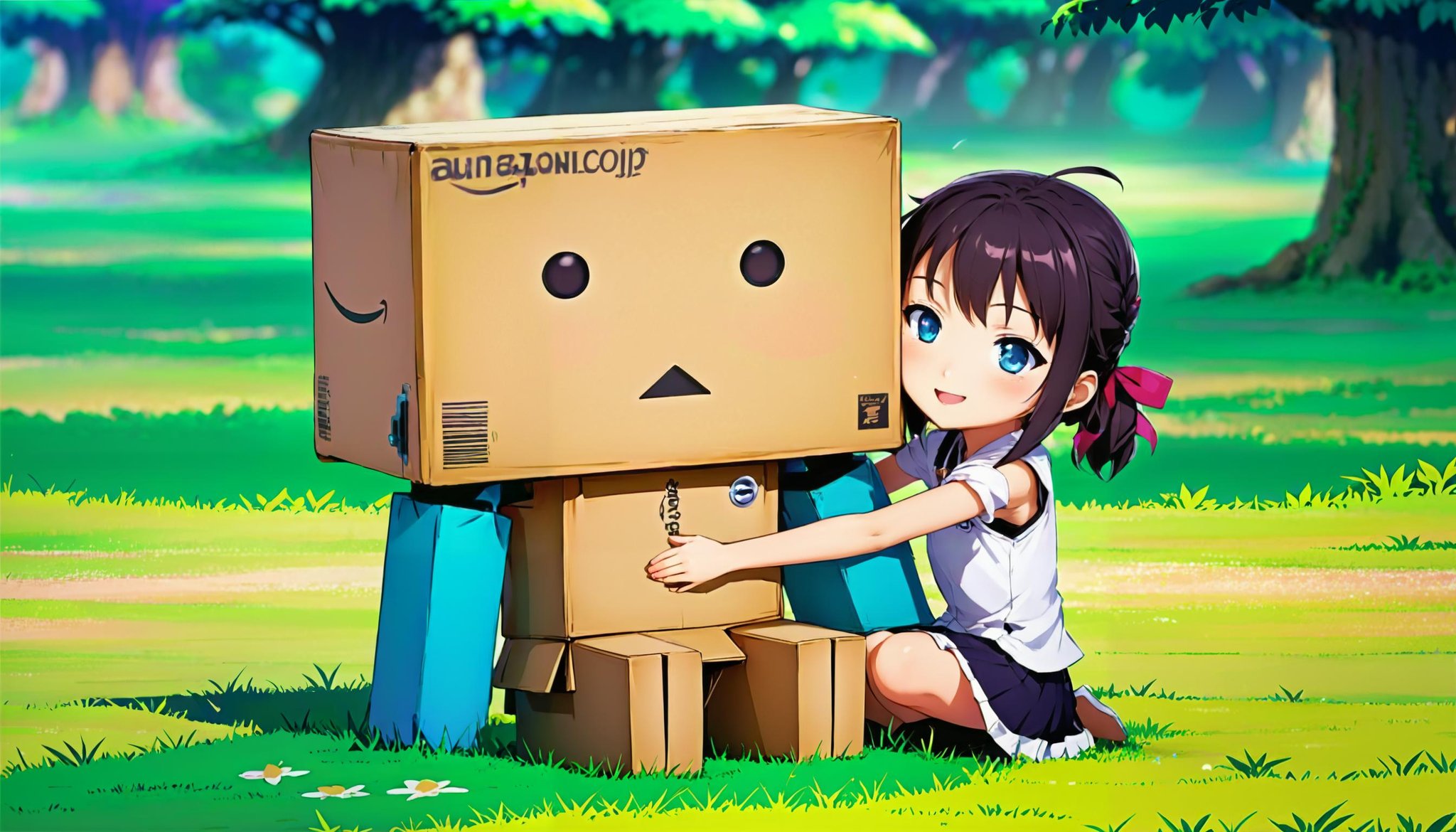 anime artwork 1girl Nobara Kugisaki with  Danbo  hugging each other in a fantasy wortkd . anime style, key visual, vibrant, studio anime, highly detailed