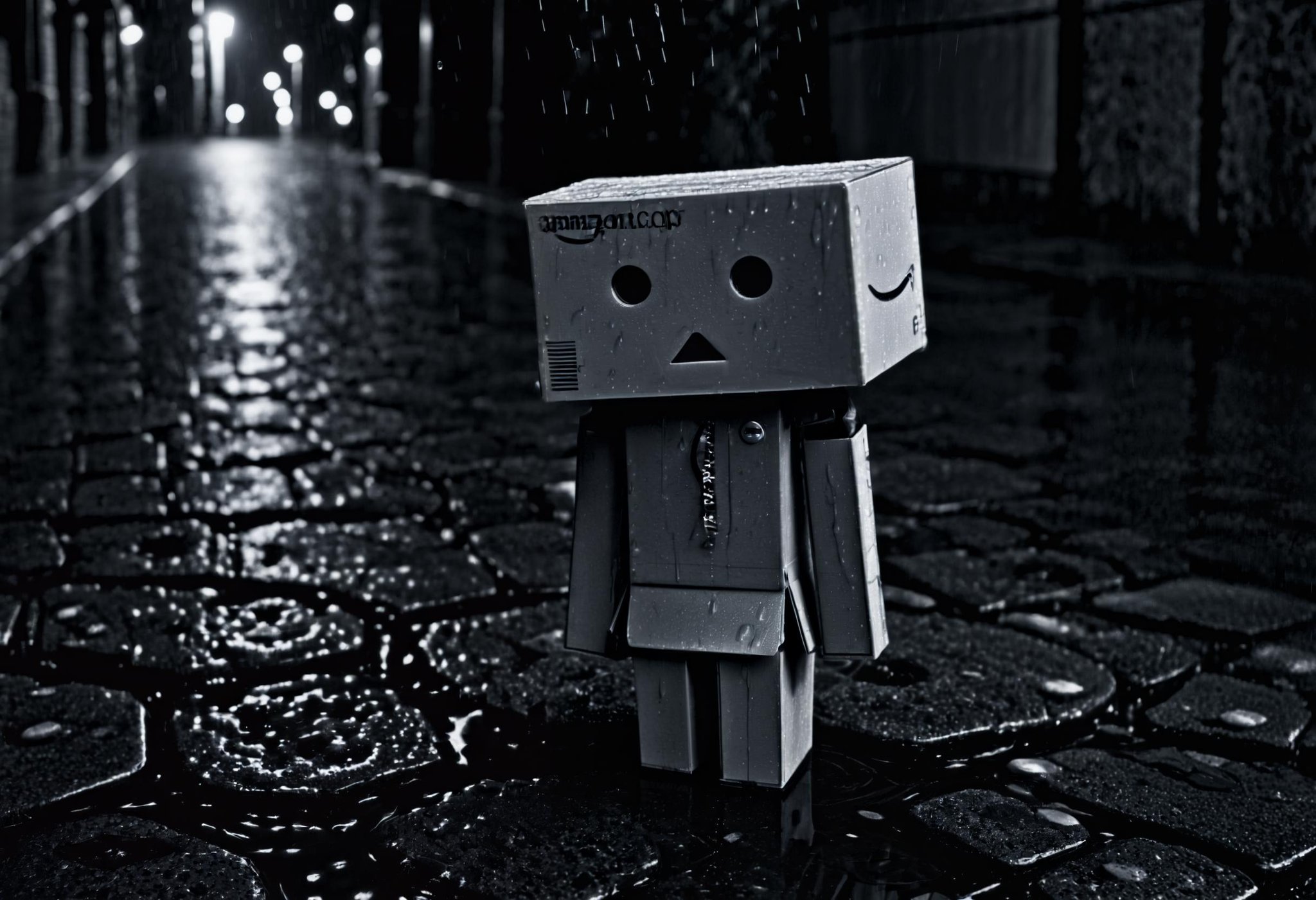 film noir style Danbo standing in the rain, looking sad, water, in a dark city . monochrome, high contrast, dramatic shadows, 1940s style, mysterious, cinematic