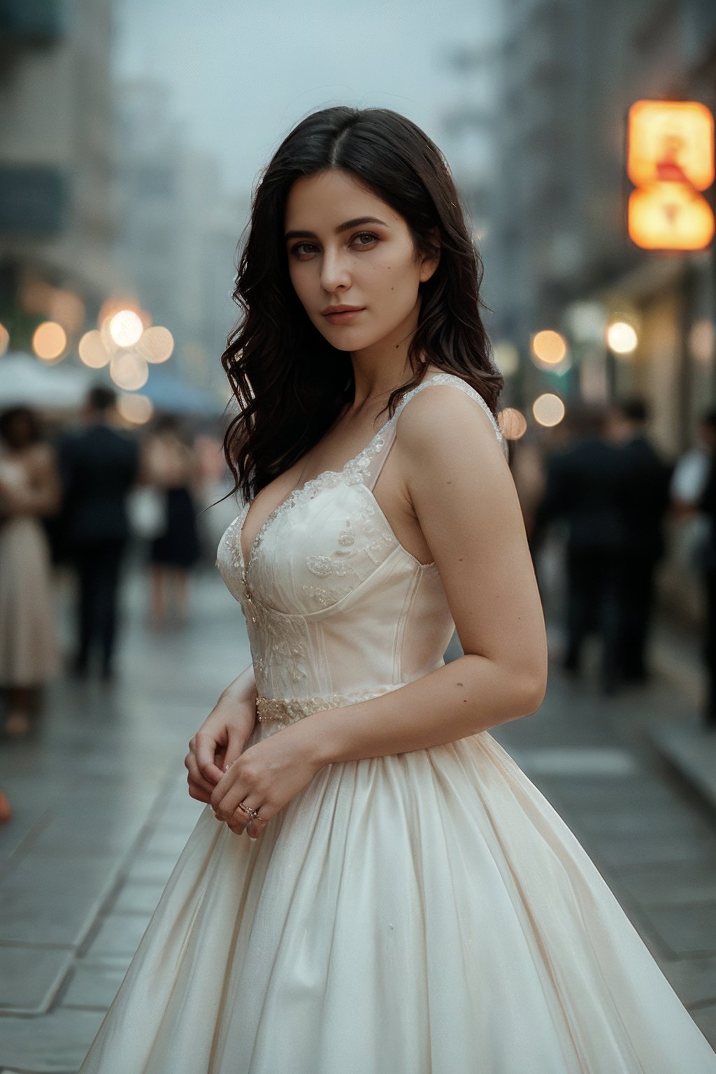 cinematic film still cinematic film still instagram photo, a girl wearing a very expensive wedding dress standing in a very crowded and dirty city street posing like a model,, messy hair, pale skin, (smile:0.4), soft shadows, no makeup, medium hard tits, studio light,ring light,shallow depth of field, <lora:yuzuv10:0.4>,   <lora:k41f-08:1:0.8> . shallow depth of field, vignette, highly detailed, high budget Hollywood movie, bokeh, cinemascope, moody, epic, gorgeous, film grain, grainy . shallow depth of field, vignette, highly detailed, high budget Hollywood movie, bokeh, cinemascope, moody, epic, gorgeous, film grain, grainy