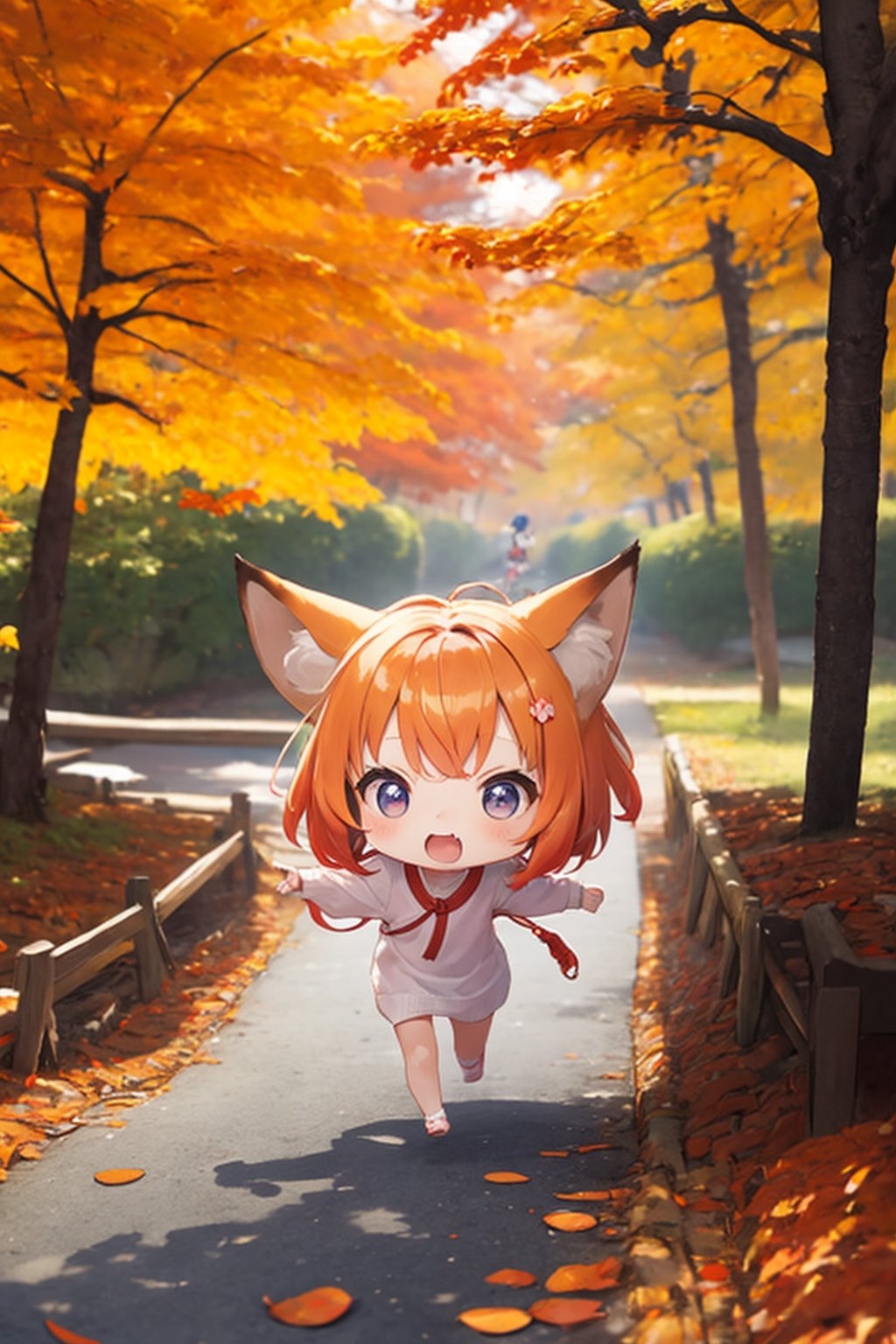 A cute little girl with fox ears is running through a vibrant Japanese autumn forest, surrounded by a sea of colorful autumn leaves.,child,chibi