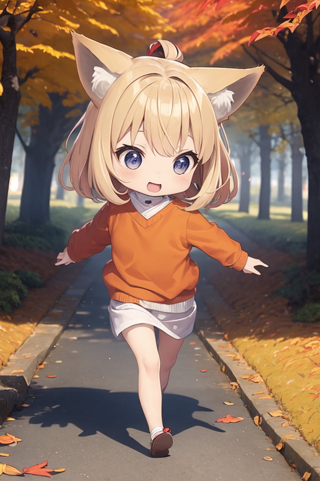 A cute little girl with fox ears is running through a vibrant Japanese autumn forest, surrounded by a sea of colorful autumn leaves. ,chibi