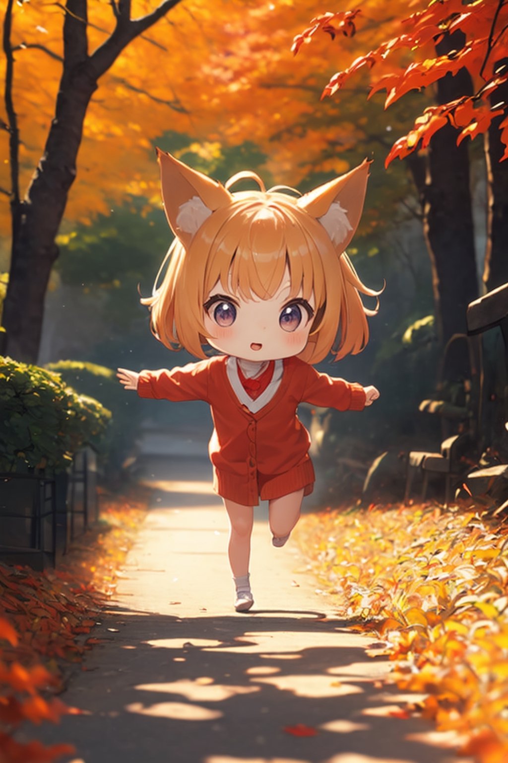 A cute little girl with fox ears is running through a vibrant Japanese autumn forest, surrounded by a sea of colorful autumn leaves.,AGE REGRESSION, child,chibi