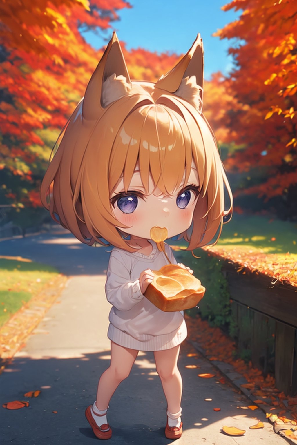 A cute girl with fox ears is eating bread in a vibrant Japanese autumn forest, surrounded by a sea of colorful autumn leaves. , chibi