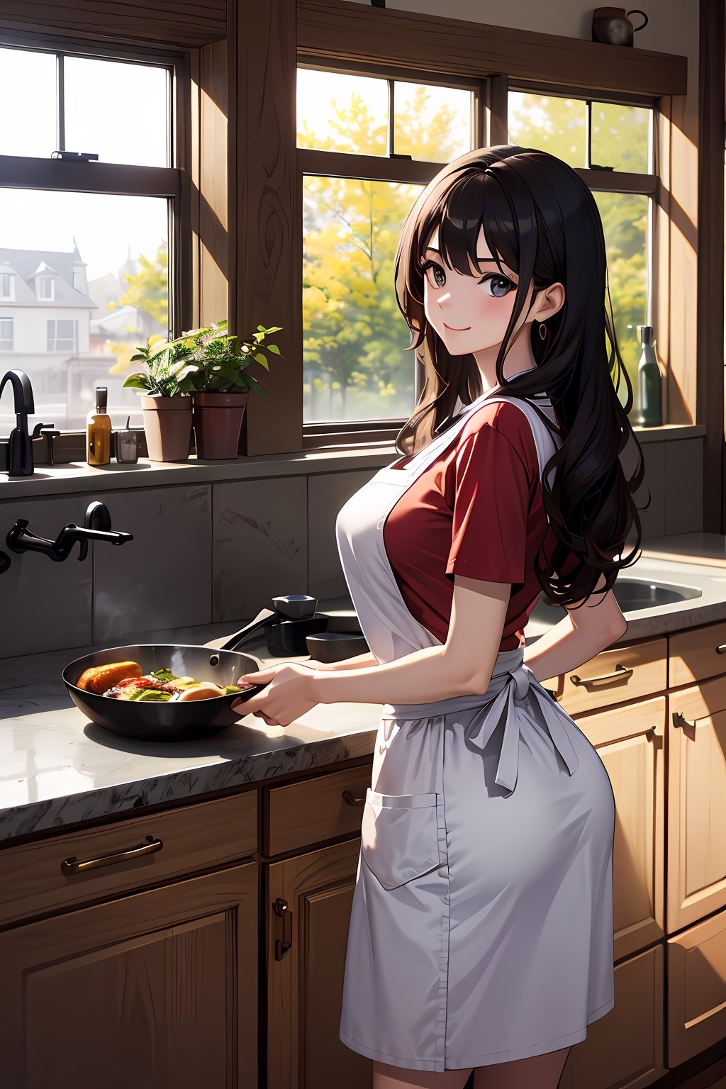 (absurdres, highres, ultra detailed, high resolution: 1.1)
BREAK
1 girl, solo, large breasts, smile,
BREAK
curly hair, long hair,
BREAK
red shirt,white apron, earrings,
BREAK
indoors, kitchen, shelf, frying pan, food, sunlight, window,
BREAK
nice hands, perfect hands,