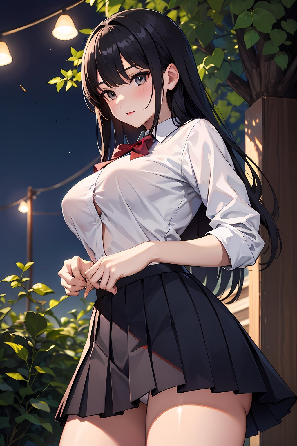 (absurdres, highres, ultra detailed, high resolution: 1.1)
BREAK
1 girl, solo, large breasts, blush,
BREAK
white shirt, school uniform, pleated skirt, white panties,
BREAK
from below, makeup, outdoors, night, tree road, fireflies,
BREAK
nice hands, perfect hands,