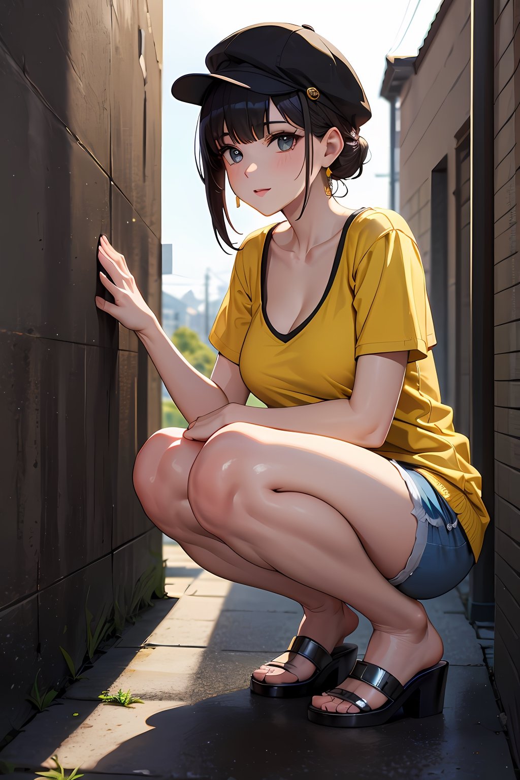 (absurdres, highres, ultra detailed, high resolution: 1.1)
BREAK
1 girl, solo, large breasts,
BREAK
updo hair,
BREAK
flat cap, yellow t-shirt, earrings, fishnets, blue shorts,
BREAK
cleavage, squatting, from below, outdoors, tile wall, sunlight,
BREAK
nice hands, perfect hands,