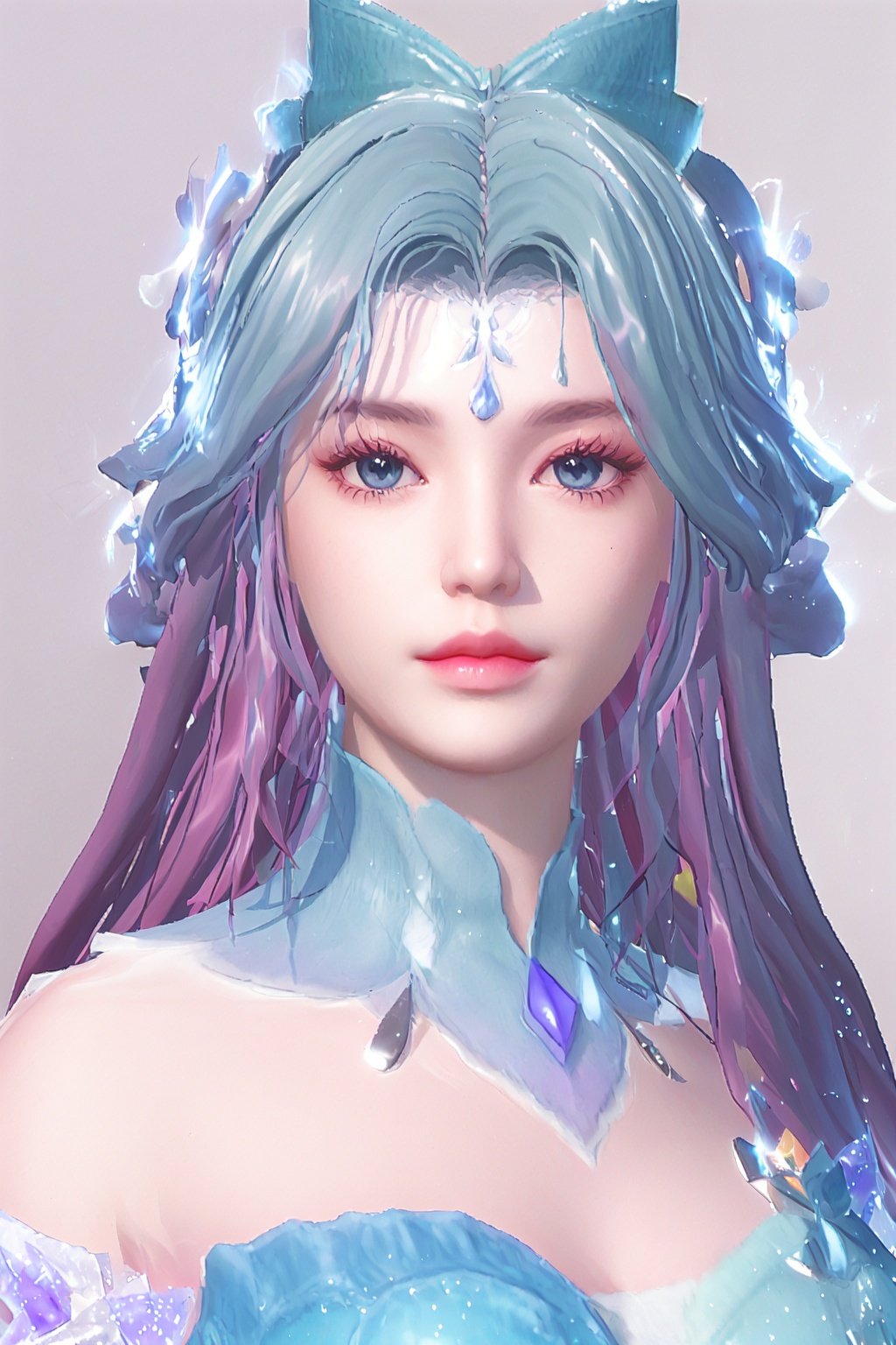 nudecrystalstexture skin,best quality,masterpiece,ultra detailed,8k,RAW photo,
realistic,photorealistic,ultra-detailed,intricate detail,extremely detailed cg 8k wallpaper,
delicate pattern,
masterpiece,best quality,
ultra realistic 8k cg,masterpiece,(looking at viewer:1.1),
1girl,solo,blue_eyes,long_hair,blue hair,bare_shoulders,dress,multicolored_hair,detached_sleeves,facial_mark,forehead_mark,blue_dress,hair_ornament,detached_collar,
Negative prompt: worst 