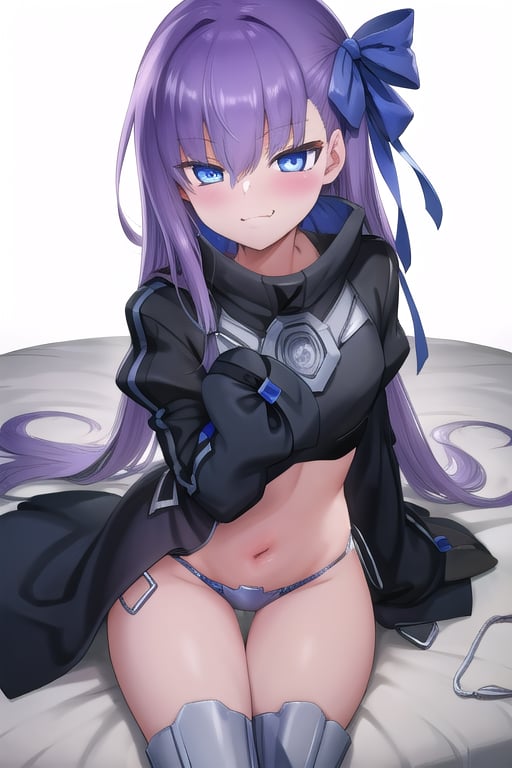 bedroom_background, high_resolution, best quality, extremely detailed, HD, 8K, detalied_face,
figure_sexy, 1 girl,  smug_face, thigh_gap, meltryllis, blue eyes, blue ribbon, hair ribbon, long hair, purple hair, ribbon, coat, black coat, crotch plate, long sleeves, navel, puffy sleeves, revealing clothes, sleeves past wrists, prosthesis, prosthetic_legs, meltryllis