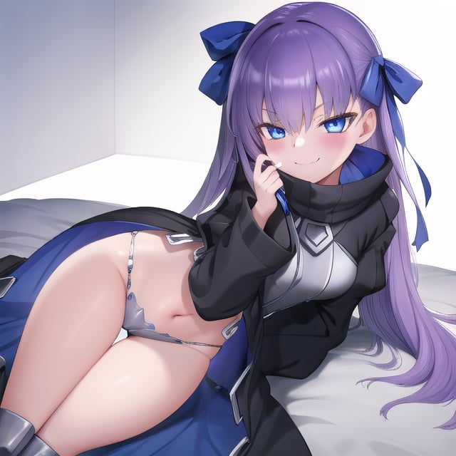 bedroom_background, high_resolution, best quality, extremely detailed, HD, 8K, detalied_face,
figure_sexy, 1 girl,  smug_face, thigh_gap, meltryllis, blue eyes, blue ribbon, hair ribbon, long hair, purple hair, ribbon, coat, black coat, crotch plate, long sleeves, navel, puffy sleeves, revealing clothes, sleeves past wrists, prosthesis, prosthetic_legs, meltryllis