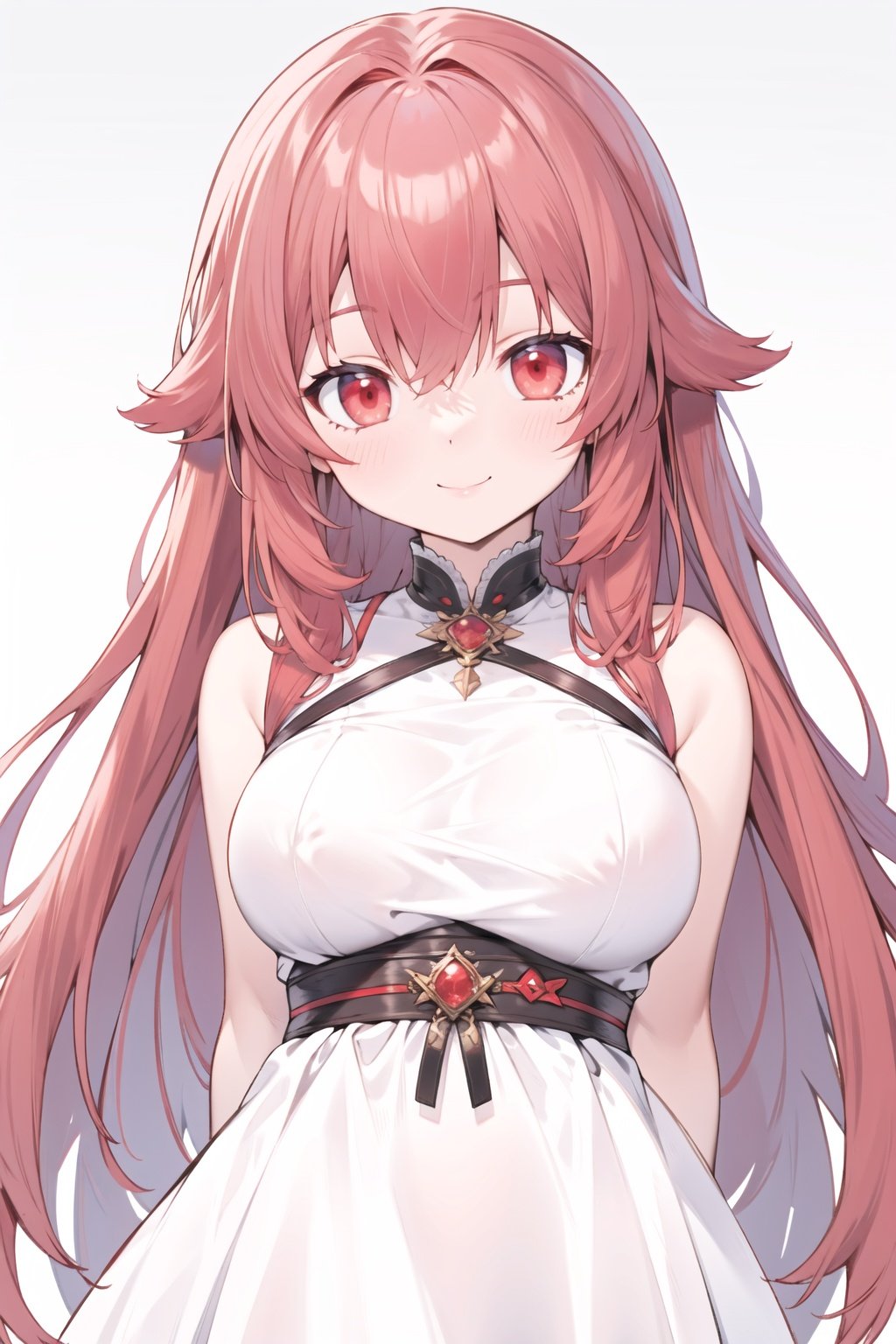 (big oppai:0.8),upper body,arms at sides,Red hair,red eyes,(long hair:1.2),Gradient background,White dress,smile,<lora:完成版3:1>,