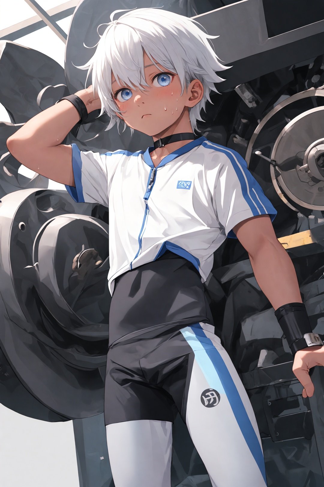 1boy, male focus, solo, looking at viewer, gray_ leggings:0.5, blue eyes, white_hair, black sport shorts, undercut, cool, sweaty, shota, blue_bodysuit:0.3, muscle, dark skin, choker, shuu_inuzuka, judar_magi, machinery, 