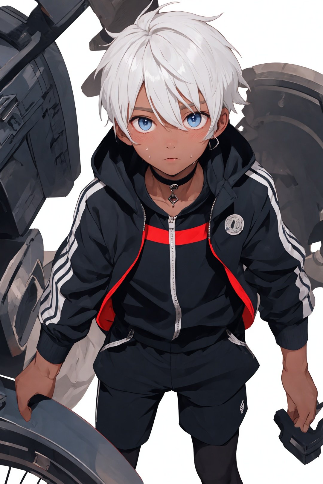 1boy, male focus, solo, looking at viewer, gray_ leggings:0.5, blue eyes, white_hair, black sport shorts, undercut, cool, sweaty, shota, blue_bodysuit:0.3, muscle, dark skin, choker, shuu_inuzuka, judar_magi, machinery, 