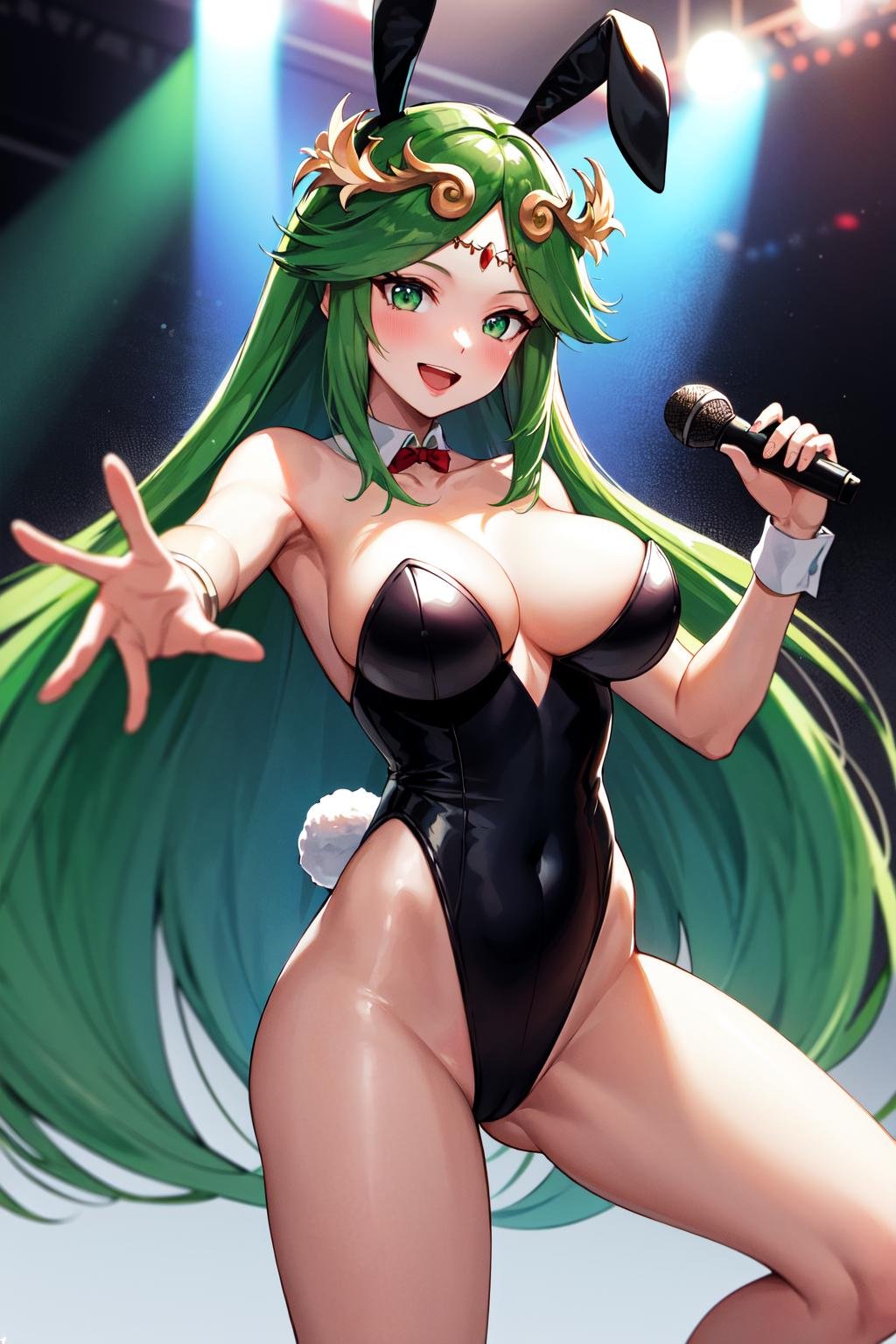 masterpiece, best quality, highres, hmpa1, palutena, parted bangs, tiara, large breasts, playboy bunny, rabbit ears, bare legs, <lora:palutena_v1:0.7>, standing, holding microphone, smile, open mouth, reaching out, stage, 