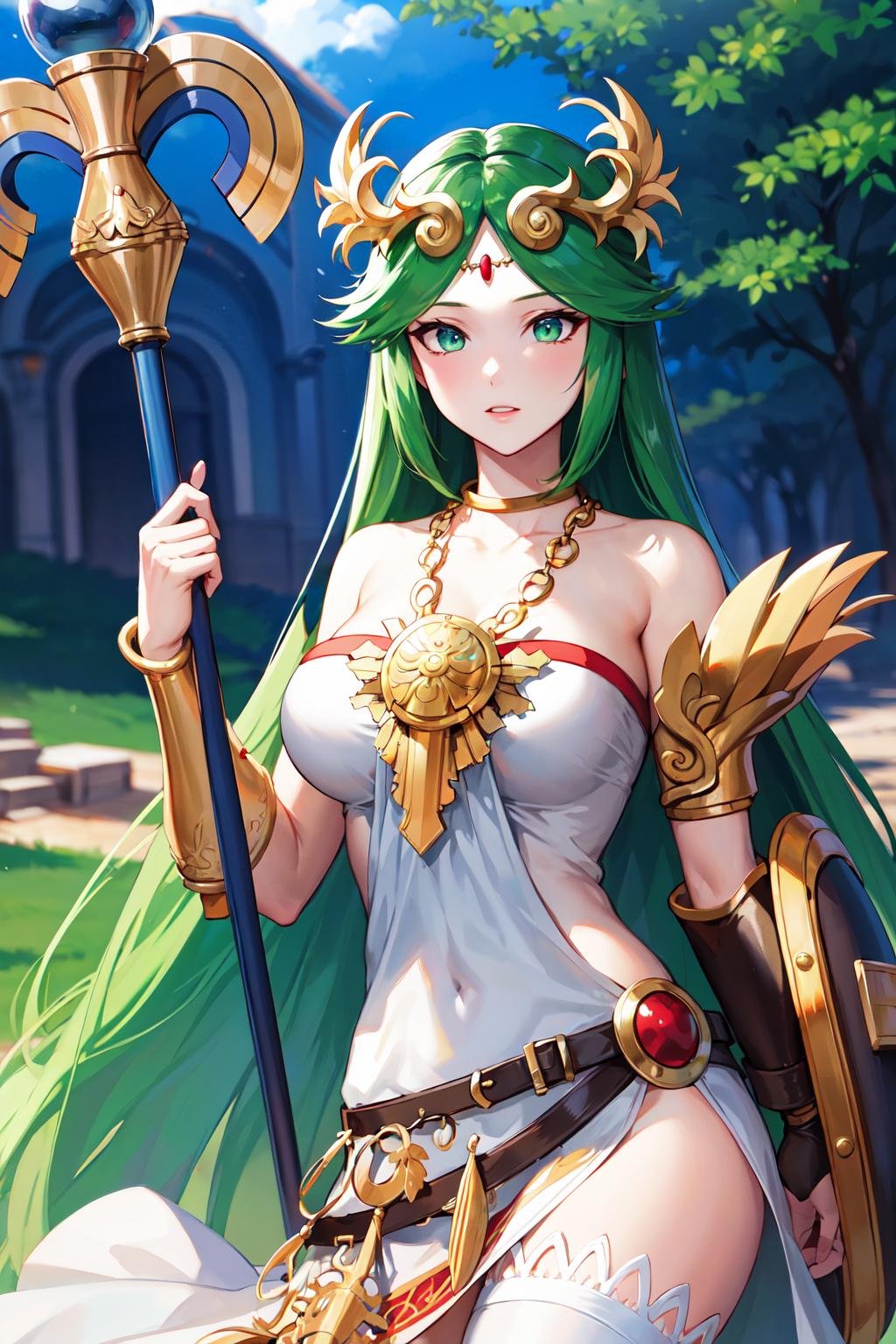 masterpiece, best quality, highres, hmpa1, palutena, parted bangs, tiara, large breasts, necklace, bare shoulders, strapless dress, vambraces, belt, white dress, white thighhighs, single thighhigh, <lora:palutena_v1:0.7>, outdoors, holding staff, staff, shield, 