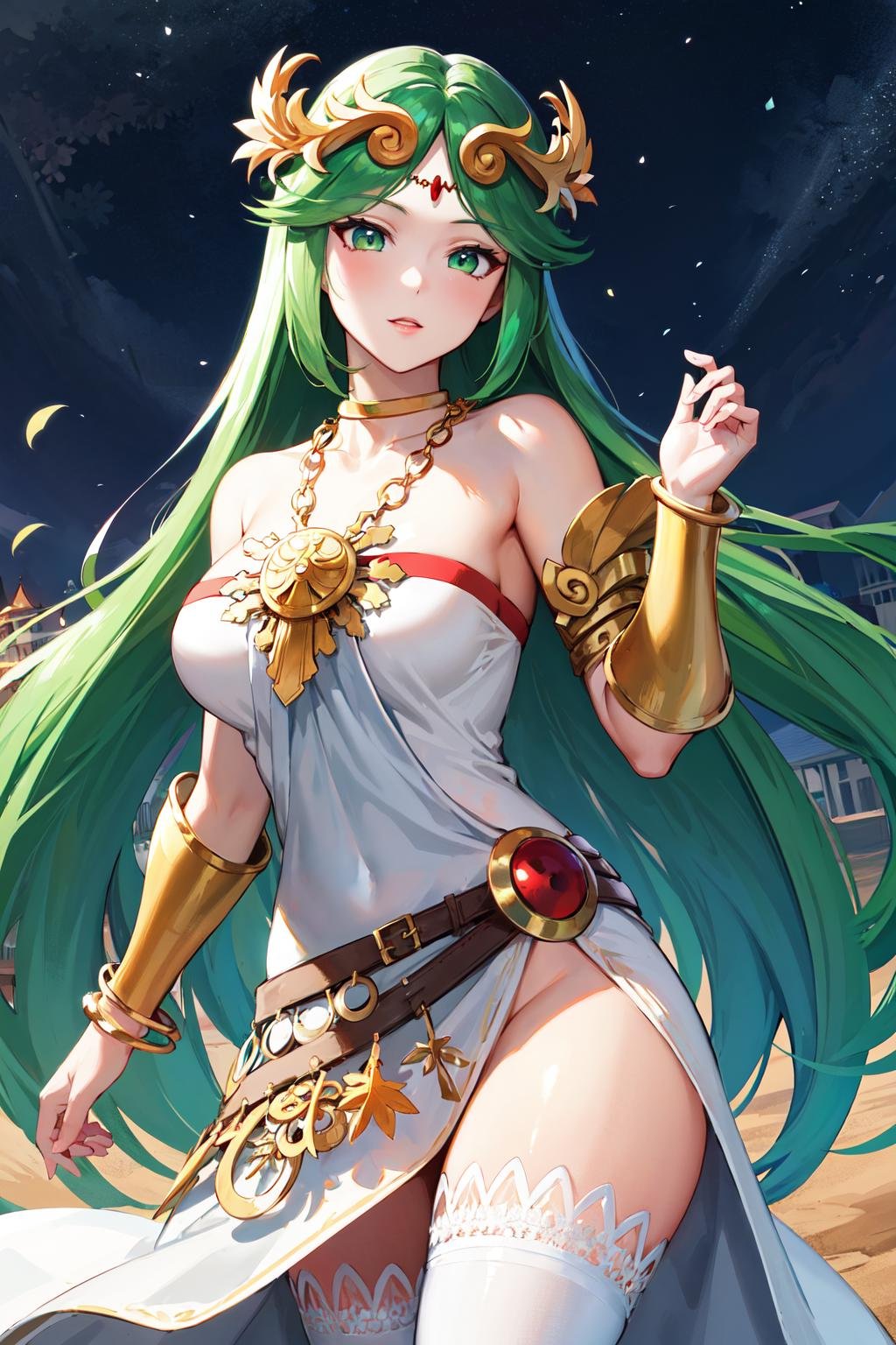 masterpiece, best quality, highres, hmpa1, palutena, parted bangs, tiara, large breasts, necklace, bare shoulders,  strapless dress, vambraces, belt, white dress, white thighhighs, single thighhigh, <lora:palutena_v1:0.7>, cowboy shot, standing