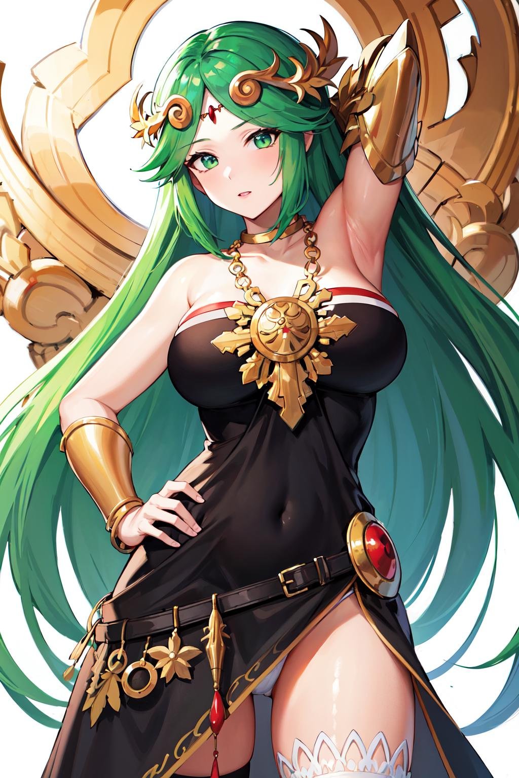 masterpiece, best quality, highres, hmpa1, palutena, parted bangs, tiara, large breasts, necklace, bare shoulders, strapless dress, vambraces, belt, black dress, black thighhighs, single thighhigh, <lora:palutena_v1:0.7>, standing, arm behind head, armpit, hand on hip, cowboy shot, pantyshot, white panties