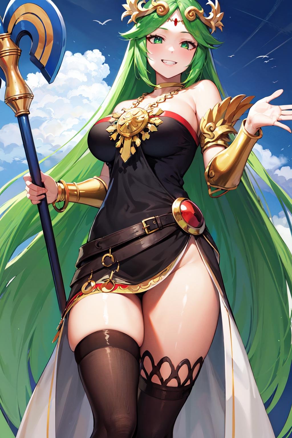 masterpiece, best quality, highres, hmpa1, palutena, parted bangs, tiara, large breasts, necklace, bare shoulders, strapless dress, vambraces, belt, black dress, black thighhighs, single thighhigh, <lora:palutena_v1:0.7>, standing, evil grin, holding staff, 