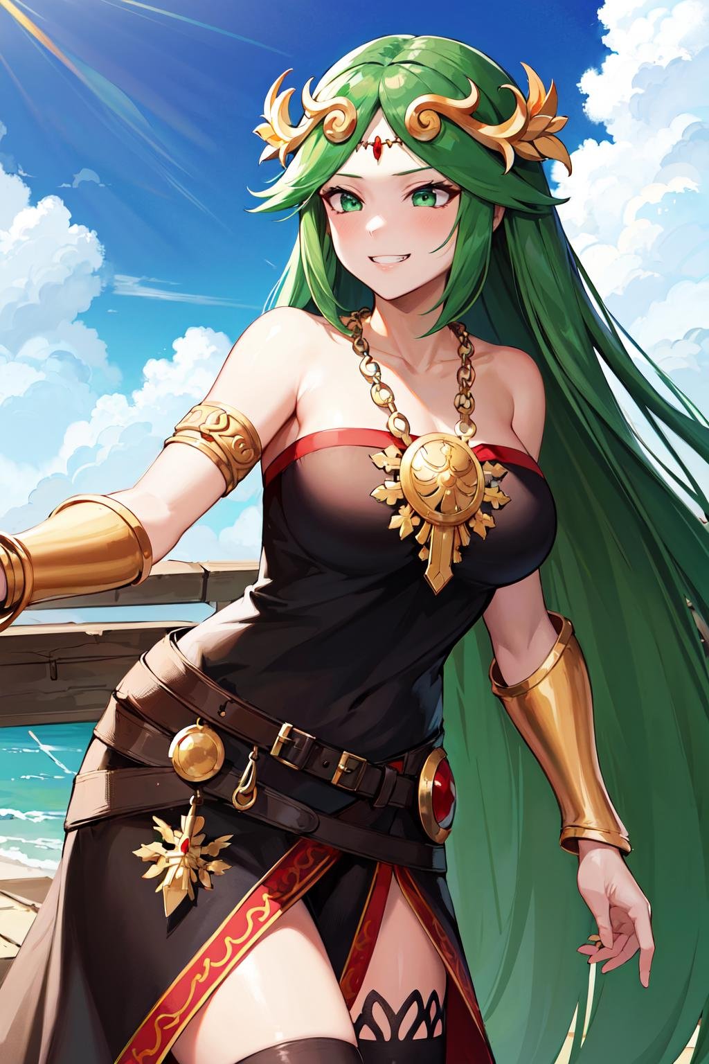masterpiece, best quality, highres, hmpa1, palutena, parted bangs, tiara, large breasts, necklace, bare shoulders, strapless dress, vambraces, belt, black dress, black thighhighs, single thighhigh, <lora:palutena_v1:0.7>, standing, evil grin, leaning forward, 