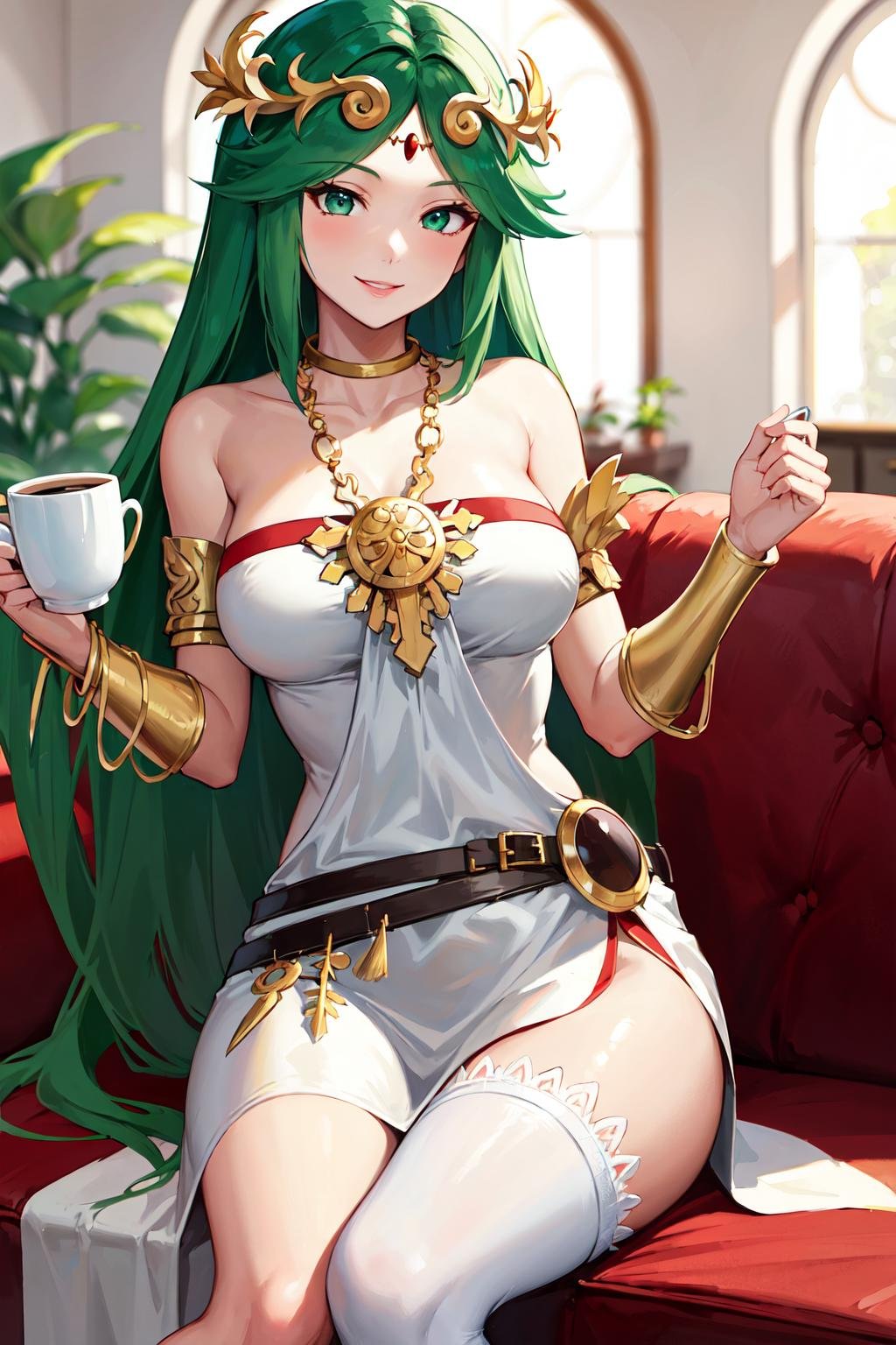 masterpiece, best quality, highres, hmpa1, palutena, parted bangs, tiara, large breasts, necklace, bare shoulders, strapless dress, vambraces, belt, white dress, white thighhighs, single thighhigh, <lora:palutena_v1:0.7>, indoors, sitting, sofa, coffee, holding cup, smile