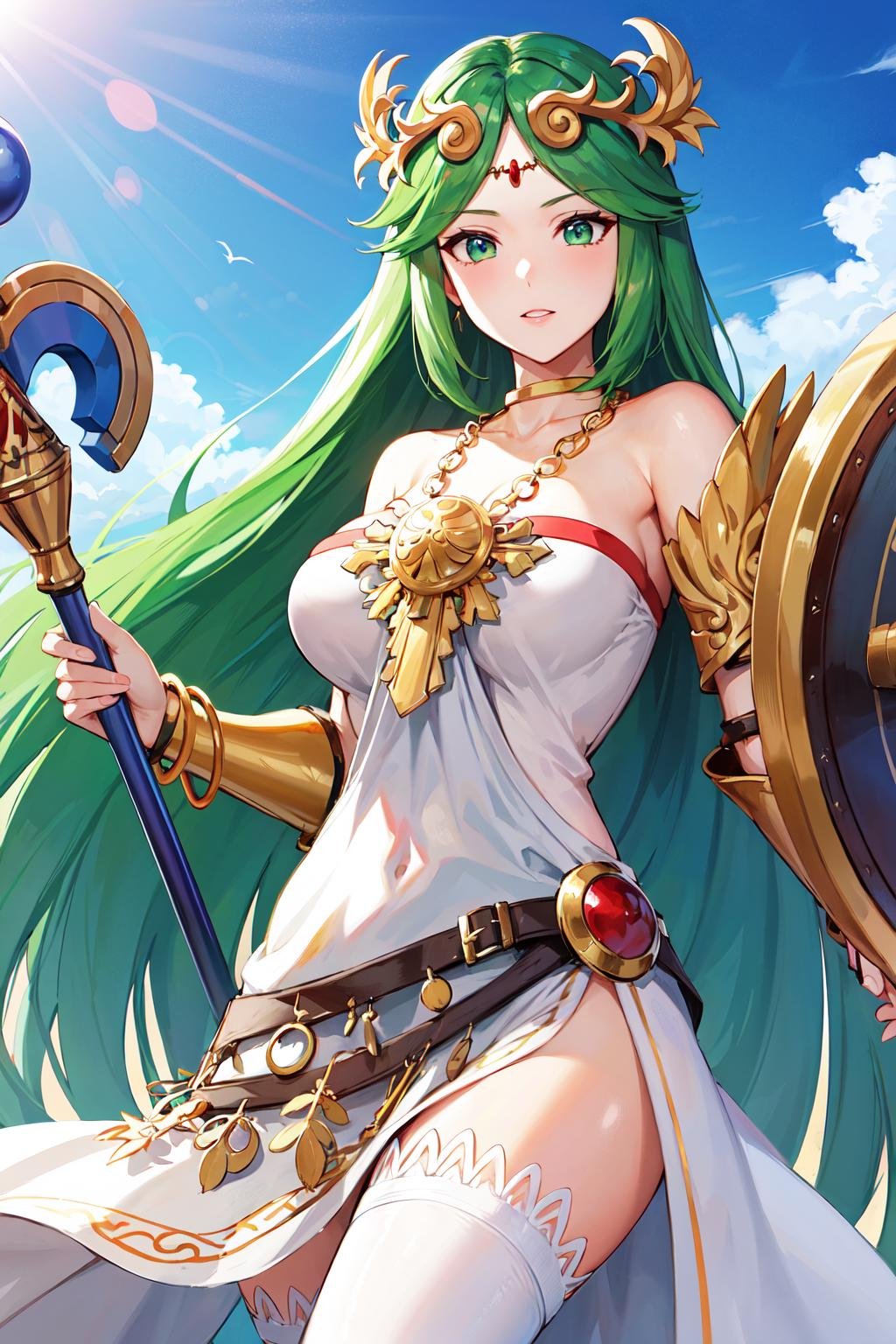 masterpiece, best quality, highres, hmpa1, palutena, parted bangs, tiara, large breasts, necklace, bare shoulders, strapless dress, vambraces, belt, white dress, white thighhighs, single thighhigh, <lora:palutena_v1:0.7>, outdoors, holding staff, staff, holding shield, 