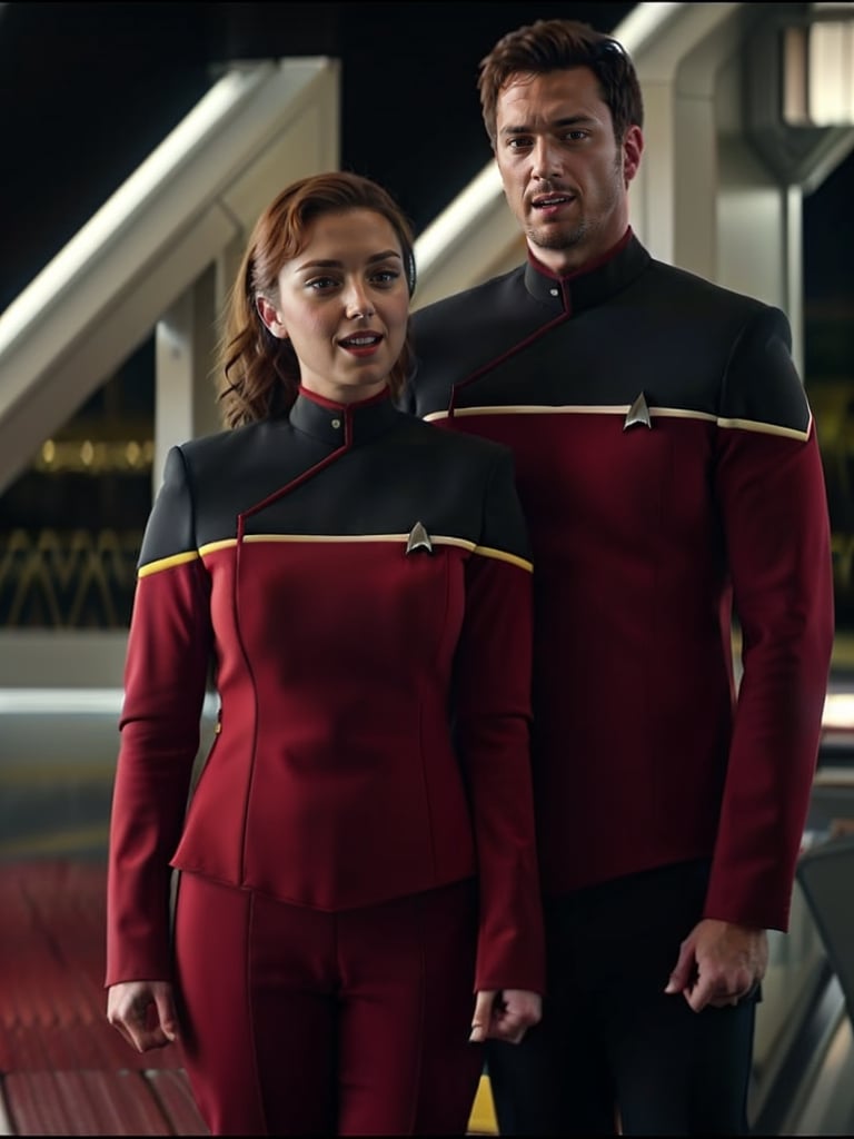 man and woman,woman in a yellow sttldunf uniform,man in (red  sttldunf uniform:1.3),entps bridge