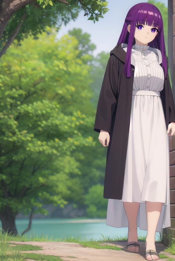 fern, <lora:fern-lora-nochekaiser:1>,fern, long hair, bangs, (purple eyes:1.1), purple hair, sidelocks, blunt bangs, bright pupils, half updo,BREAK shirt, dress, jacket, white shirt, open clothes, hood, white dress, hood down,BREAK looking at viewer, upper body, (full body:1.2),BREAK outdoors, sky, nature,BREAK <lyco:GoodHands-beta2:1>, (masterpiece:1.2), best quality, high resolution, unity 8k wallpaper, (illustration:0.8), (beautiful detailed eyes:1.6), extremely detailed face, perfect lighting, extremely detailed CG, (perfect hands, perfect anatomy), 