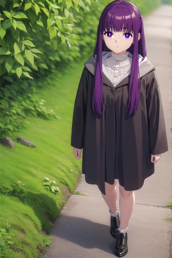 fern, <lora:fern-lora-nochekaiser:1>,fern, long hair, bangs, (purple eyes:1.1), purple hair, sidelocks, blunt bangs, bright pupils, half updo,BREAK shirt, dress, jacket, white shirt, open clothes, hood, white dress, hood down,BREAK looking at viewer, upper body, (full body:1.2),BREAK outdoors, sky, nature,BREAK <lyco:GoodHands-beta2:1>, (masterpiece:1.2), best quality, high resolution, unity 8k wallpaper, (illustration:0.8), (beautiful detailed eyes:1.6), extremely detailed face, perfect lighting, extremely detailed CG, (perfect hands, perfect anatomy), 