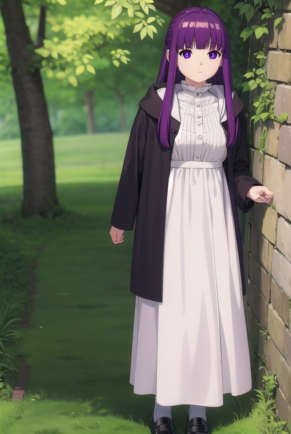 fern, <lora:fern-lora-nochekaiser:1>,fern, long hair, bangs, (purple eyes:1.1), purple hair, sidelocks, blunt bangs, bright pupils, half updo,BREAK shirt, dress, jacket, white shirt, open clothes, hood, white dress, hood down,BREAK looking at viewer, upper body, (full body:1.2),BREAK outdoors, sky, nature,BREAK <lyco:GoodHands-beta2:1>, (masterpiece:1.2), best quality, high resolution, unity 8k wallpaper, (illustration:0.8), (beautiful detailed eyes:1.6), extremely detailed face, perfect lighting, extremely detailed CG, (perfect hands, perfect anatomy), 