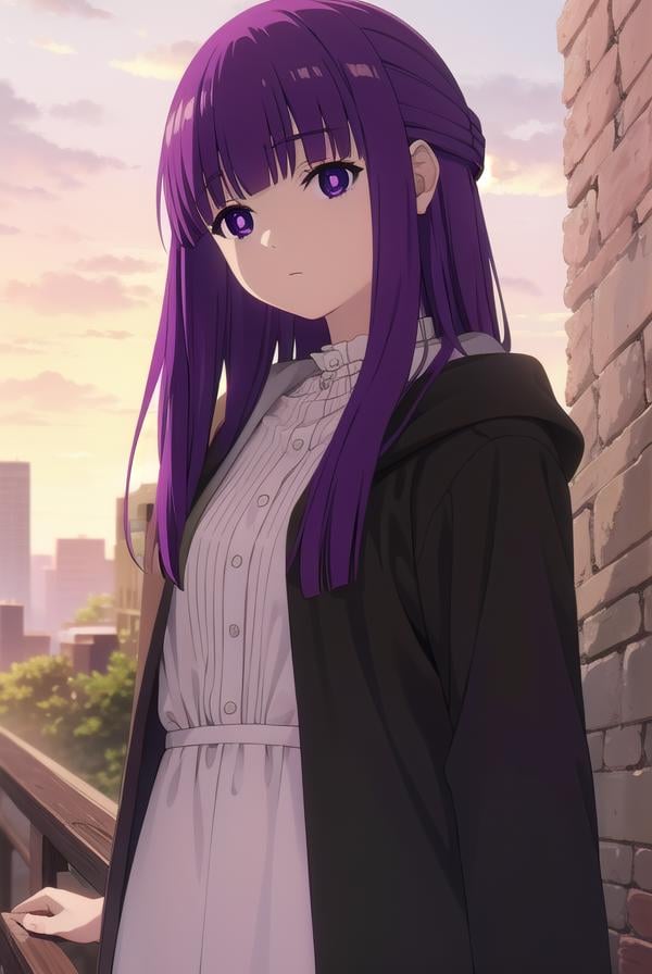 fern, <lora:fern-lora-nochekaiser:1>,fern, long hair, bangs, (purple eyes:1.1), purple hair, sidelocks, blunt bangs, bright pupils, half updo,BREAK shirt, dress, jacket, white shirt, open clothes, hood, white dress, hood down,BREAK looking at viewer, upper body, (full body:1.2),BREAK outdoors, sky, nature,BREAK <lyco:GoodHands-beta2:1>, (masterpiece:1.2), best quality, high resolution, unity 8k wallpaper, (illustration:0.8), (beautiful detailed eyes:1.6), extremely detailed face, perfect lighting, extremely detailed CG, (perfect hands, perfect anatomy), 