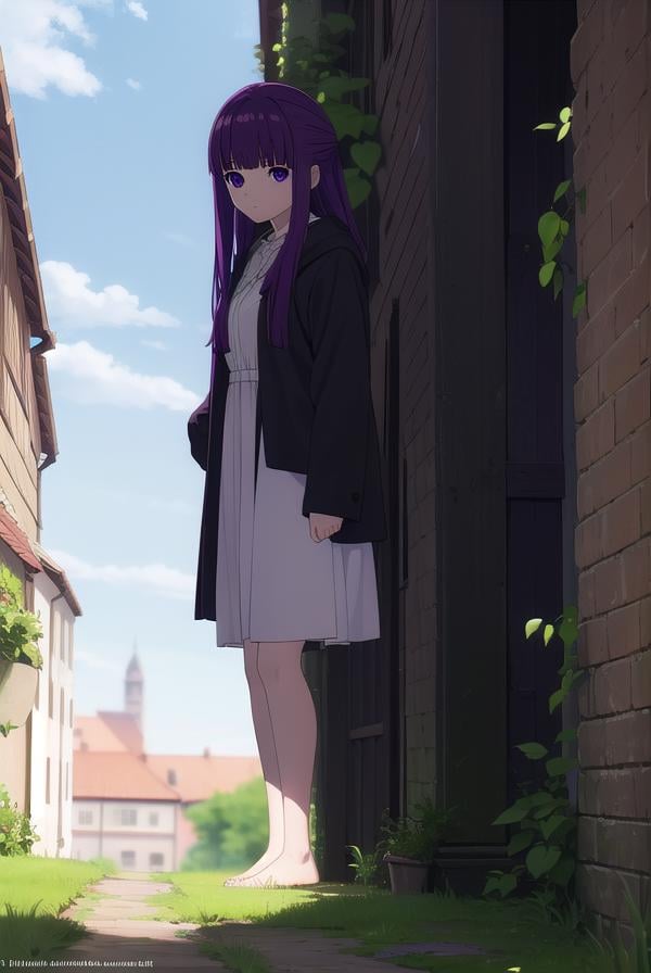 fern, <lora:fern-lora-nochekaiser:1>,fern, long hair, bangs, (purple eyes:1.1), purple hair, sidelocks, blunt bangs, bright pupils, half updo,BREAK shirt, dress, jacket, white shirt, open clothes, hood, white dress, hood down,BREAK looking at viewer, upper body, (full body:1.2),BREAK outdoors, sky, nature,BREAK <lyco:GoodHands-beta2:1>, (masterpiece:1.2), best quality, high resolution, unity 8k wallpaper, (illustration:0.8), (beautiful detailed eyes:1.6), extremely detailed face, perfect lighting, extremely detailed CG, (perfect hands, perfect anatomy), 